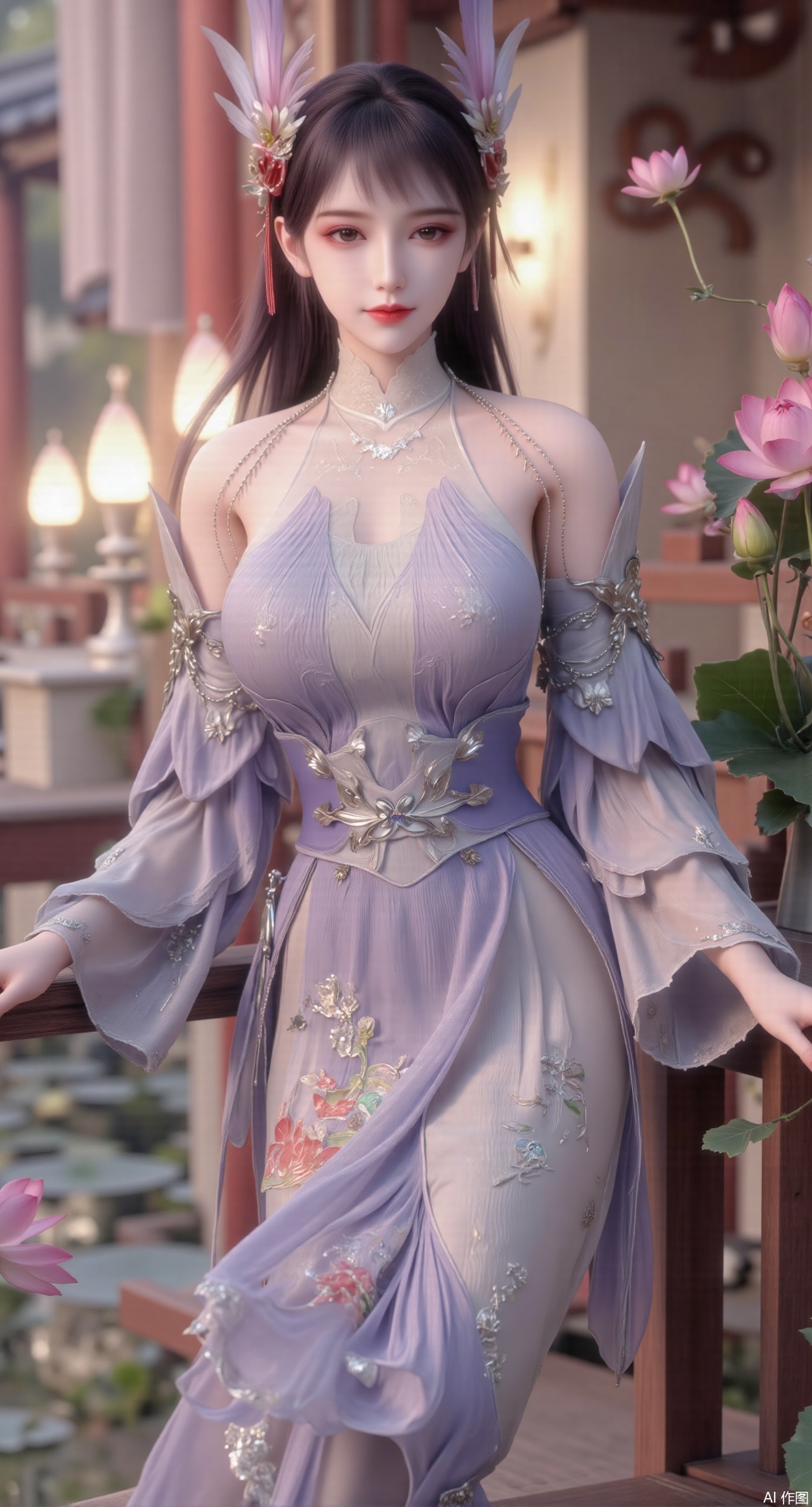 (masterpiece:1.2),best quality, (1girl:1.1), (dress:1.39), on Stomach,aqua_earrings,Lights, lanterns, chang,(big breasts:2.56),hanfu, Best quality, Realistic, photorealistic, masterpiece, extremely detailed CG unity 8k wallpaper, best illumination, best shadow, huge filesize ,(huge breasts:2.69) incredibly absurdres, absurdres, looking at viewer, transparent, smog, gauze, vase, petals, room, ancient Chinese style, detailed background, wide shot background, (((black hair))),(Sitting on the lotus pond porch:1.49) ,(A pond full of pink lotus flowers:1.5),close up of 1girl,Hairpins,hair ornament,hair wings,slim,narrow waist,perfect eyes,beautiful perfect face,pleasant smile,perfect female figure,detailed skin,charming,alluring,seductive,erotic,enchanting,delicate pattern,detailed complex and rich exquisite clothing detail,delicate intricate fabrics,Morning Serenade In the gentle morning glow, (a woman in a pink lotus-patterned Hanfu stands in an indoor courtyard:1.36),(Chinese traditional dragon and phoenix embroidered Hanfu:1.3), admiring the tranquil garden scenery. The lotus-patterned Hanfu, embellished with silver-thread embroidery, is softly illuminated by the morning light. The light mint green Hanfu imparts a sense of calm and freshness, adorned with delicate lotus patterns, with a blurred background to enhance the peaceful atmosphere,Xmupeiling,XsongyuYK,XqiyueFHK,XheguangzhefandiYK,XxiaobaiNZYK,XlimuwanJCBYK,XmeijiK,XzhouruK,XHhanfududou,XzhouruK2,XmeijiK2,XlinziyueK2