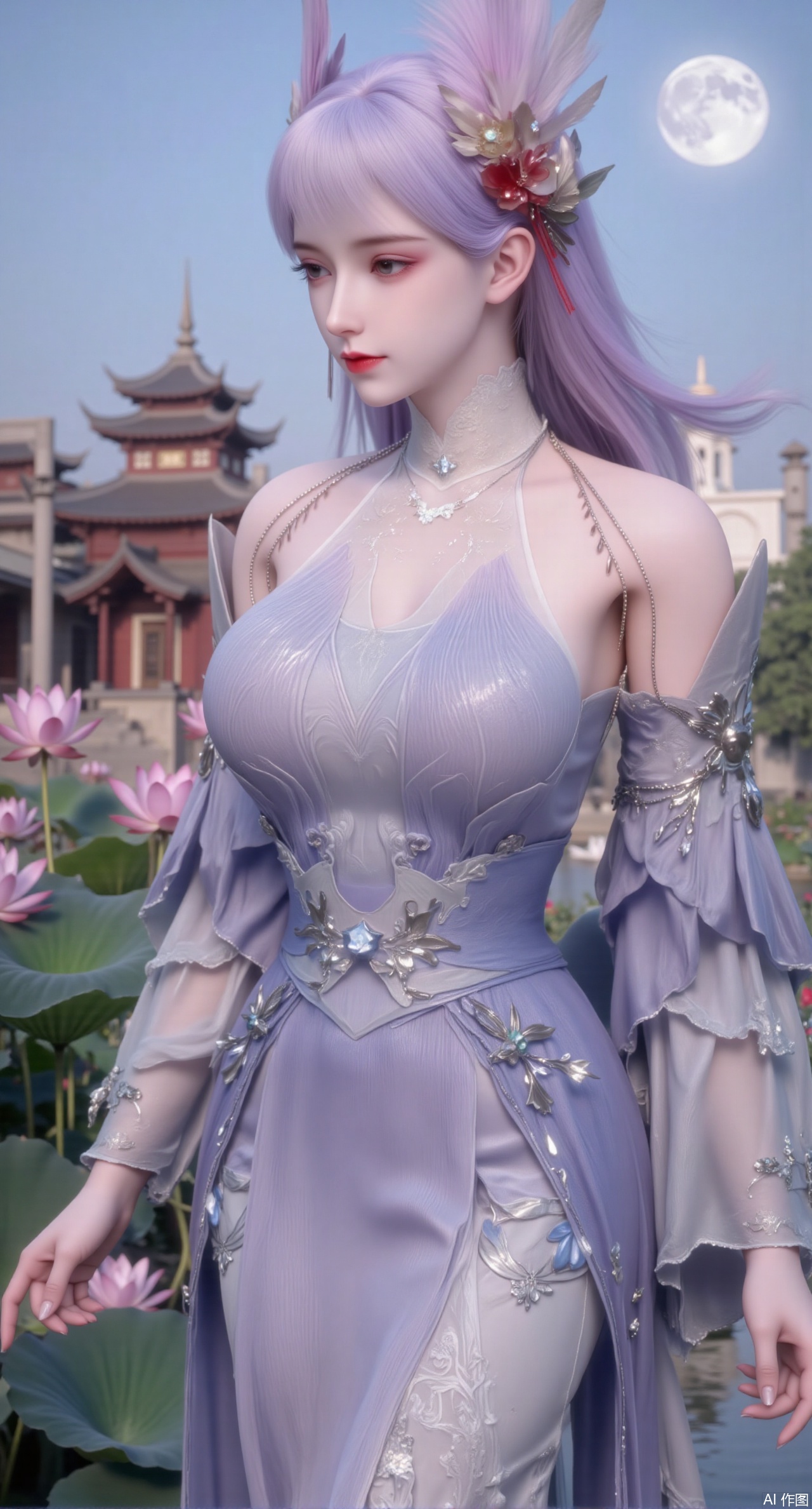 (masterpiece, best quality:1.2),1girl, navel, solo, midriff, bare shoulders, hair ornament,(long hair),(High double ponytail:1.49), red lips, BREAK, (looking at viewer:1.39), chinese clothes,(long dress:1.36), (lace:1.28), BREAK,blurry, solo focus, long hair, lips, daytime, lipstick, outdoors, standing,upper body,(huge breasts:2.99), (full breasts:2.99),background, solo, makeup,Xyunxiao,(Lotus,Water Lily,Blue sky,full moon:1.39),(Lotus pond,ancient Chinese architecture:1.39),Xmupeiling,XsongyuYK,XqiyueFHK,XheguangzhefandiYK,XxiaobaiNZYK,XlimuwanJCBYK,XmeijiK,XzhouruK,XHhanfududou,XzhouruK2,XmeijiK2,XlinziyueK2