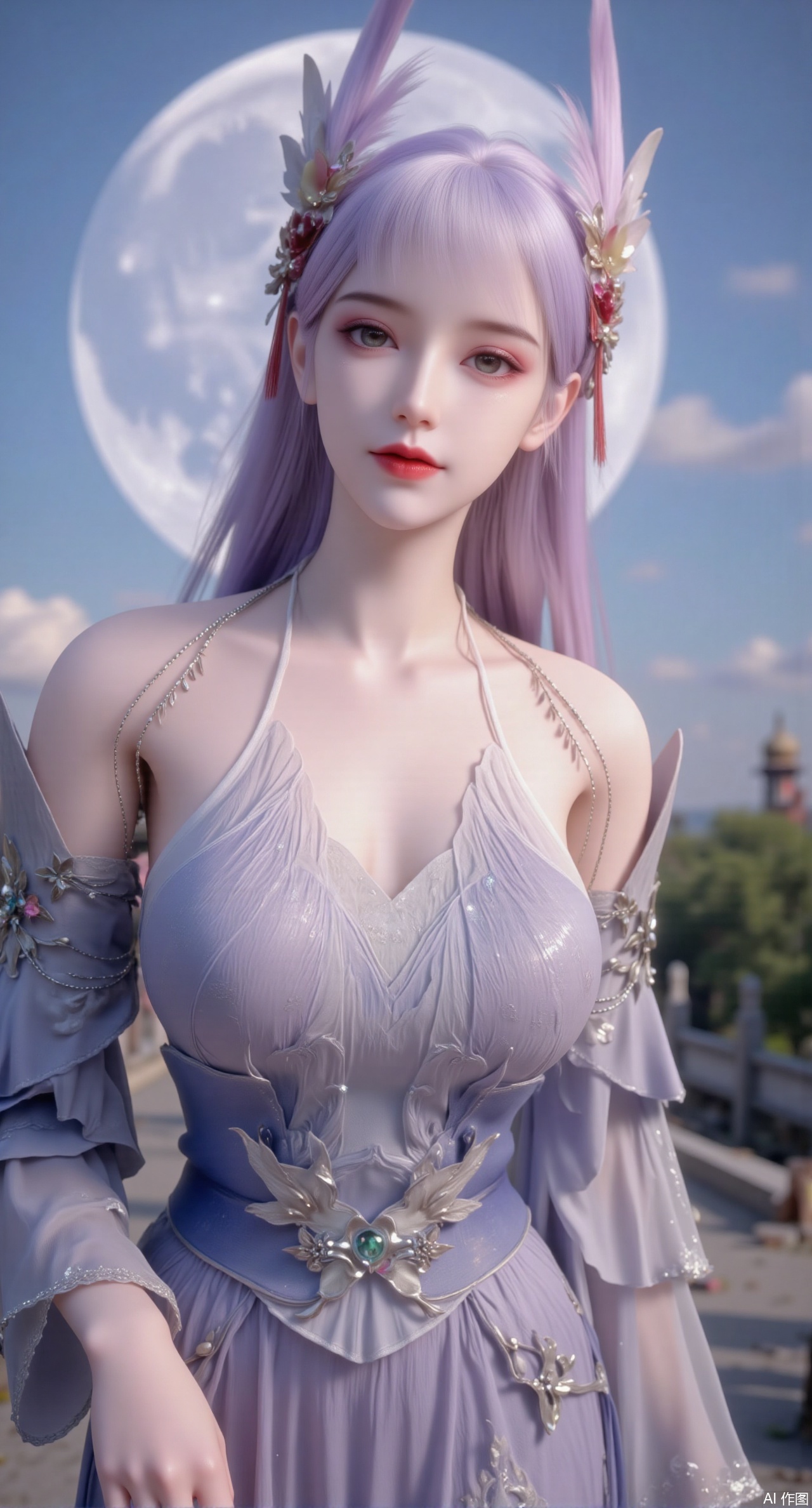 (masterpiece, best quality:1.2),1girl, navel, solo, midriff, bare shoulders, hair ornament,(long hair),(High double ponytail:1.49), red lips, BREAK, (looking at viewer:1.39), chinese clothes,(long dress:1.36), (lace:1.28), BREAK,blurry, solo focus, long hair, lips, daytime, lipstick, outdoors, standing,upper body,(huge breasts:2.99), (full breasts:2.99),background, solo, makeup,Xyunxiao,(Lotus,Water Lily,Blue sky,full moon:1.39),(Lotus pond,ancient Chinese architecture:1.39),Xmupeiling,XsongyuYK,XqiyueFHK,XheguangzhefandiYK,XxiaobaiNZYK,XlimuwanJCBYK,XmeijiK,XzhouruK,XHhanfududou,XzhouruK2,XmeijiK2,XlinziyueK2