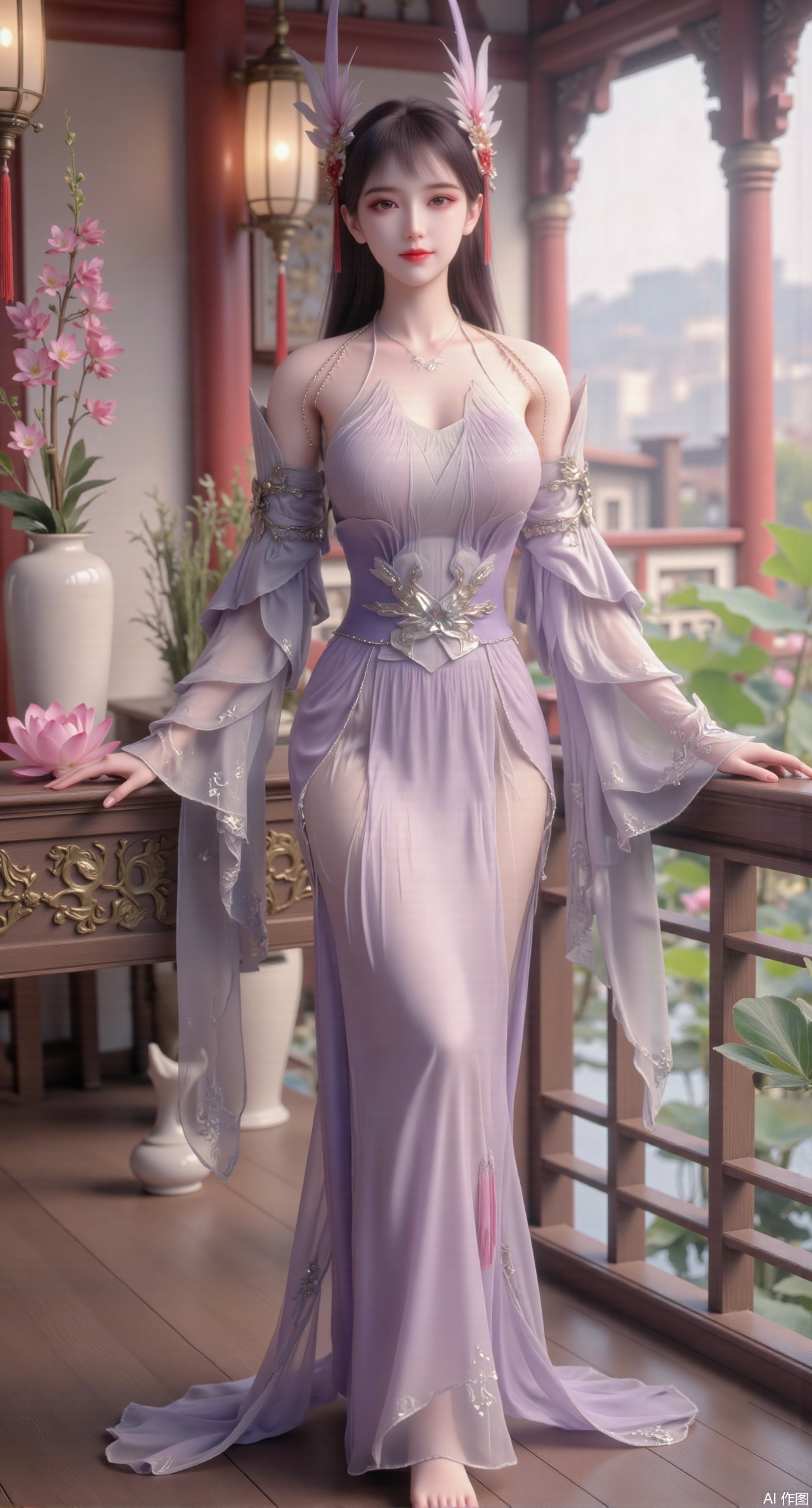 (masterpiece:1.2),best quality, (1girl:1.1), (dress:1.39), on Stomach,aqua_earrings,Lights, lanterns, chang,(big breasts:2.56),hanfu, Best quality, Realistic, photorealistic, masterpiece, extremely detailed CG unity 8k wallpaper, best illumination, best shadow, huge filesize ,(huge breasts:2.69) incredibly absurdres, absurdres, looking at viewer, transparent, smog, gauze, vase, petals, room, ancient Chinese style, detailed background, wide shot background, (((black hair))),(Sitting on the lotus pond porch:1.49) ,(A pond full of pink lotus flowers:1.5),close up of 1girl,Hairpins,hair ornament,hair wings,slim,narrow waist,perfect eyes,beautiful perfect face,pleasant smile,perfect female figure,detailed skin,charming,alluring,seductive,erotic,enchanting,delicate pattern,detailed complex and rich exquisite clothing detail,delicate intricate fabrics,Morning Serenade In the gentle morning glow, (a woman in a pink lotus-patterned Hanfu stands in an indoor courtyard:1.36),(Chinese traditional dragon and phoenix embroidered Hanfu:1.3), admiring the tranquil garden scenery. The lotus-patterned Hanfu, embellished with silver-thread embroidery, is softly illuminated by the morning light. The light mint green Hanfu imparts a sense of calm and freshness, adorned with delicate lotus patterns, with a blurred background to enhance the peaceful atmosphere,Xmupeiling,XsongyuYK,XqiyueFHK,XheguangzhefandiYK,XxiaobaiNZYK,XlimuwanJCBYK,XmeijiK,XzhouruK,XHhanfududou,XzhouruK2,XmeijiK2,XlinziyueK2