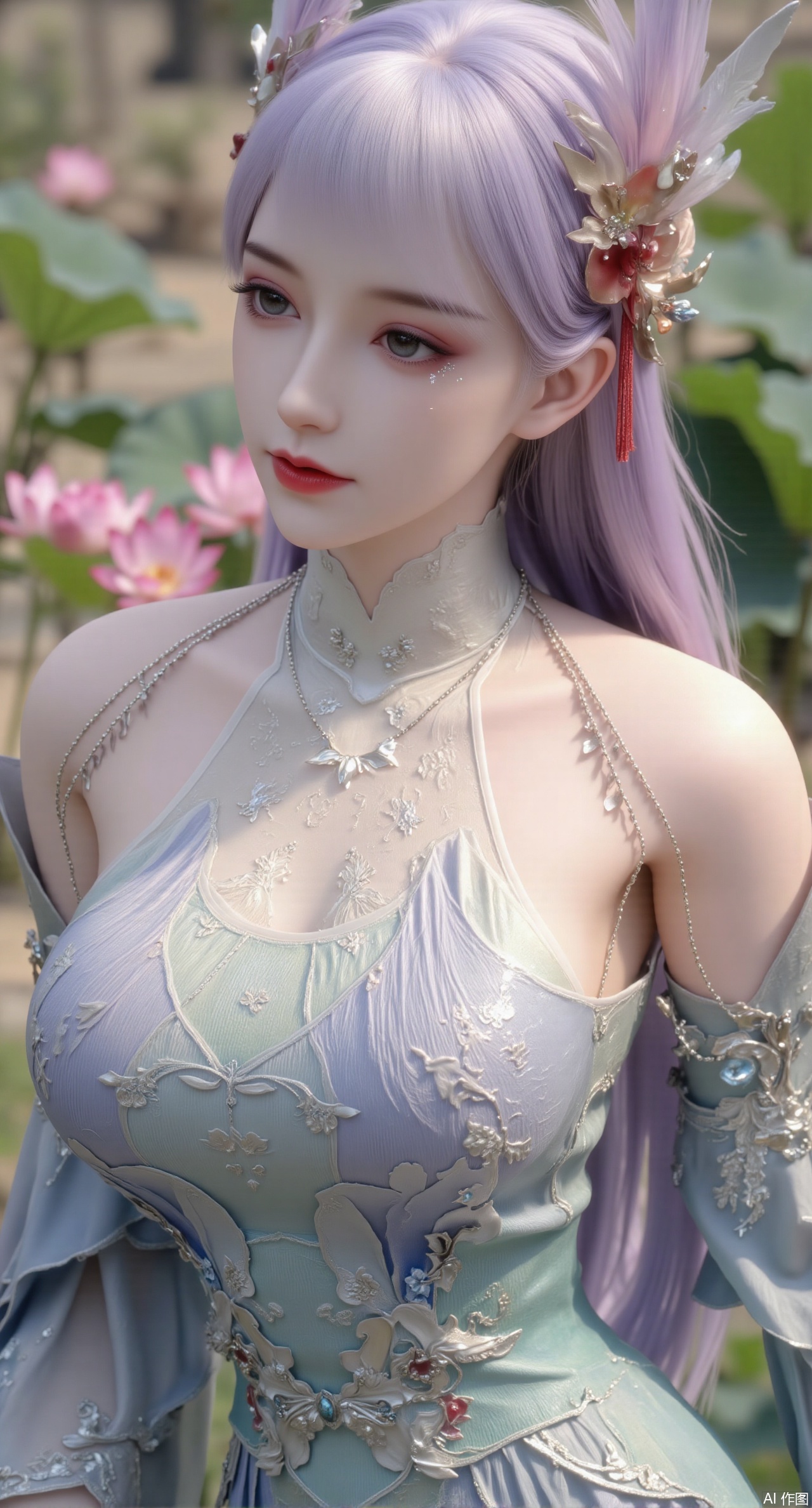 (masterpiece:1.2),best quality,1girl, colorful hanfu, bare_shoulders, wide_sleeves,light_particles, long_hair ,pink_butterfly, flowers, blue flowers,Upper body, star_\(sky\), ,(huge breasts:2.69)(Chinese traditional dragon and phoenix embroidered Hanfu:1.3), admiring the tranquil garden scenery. The lotus-patterned Hanfu, embellished with silver-thread embroidery, is softly illuminated by the morning light. The light mint green Hanfu imparts a sense of calm and freshness, adorned with delicate lotus patterns, with a blurred background to enhance the peaceful atmosphere,Xmupeiling,XsongyuYK,XqiyueFHK,XheguangzhefandiYK,XxiaobaiNZYK,XlimuwanJCBYK,XmeijiK,XzhouruK,XHhanfududou,XzhouruK2,XmeijiK2,XlinziyueK2