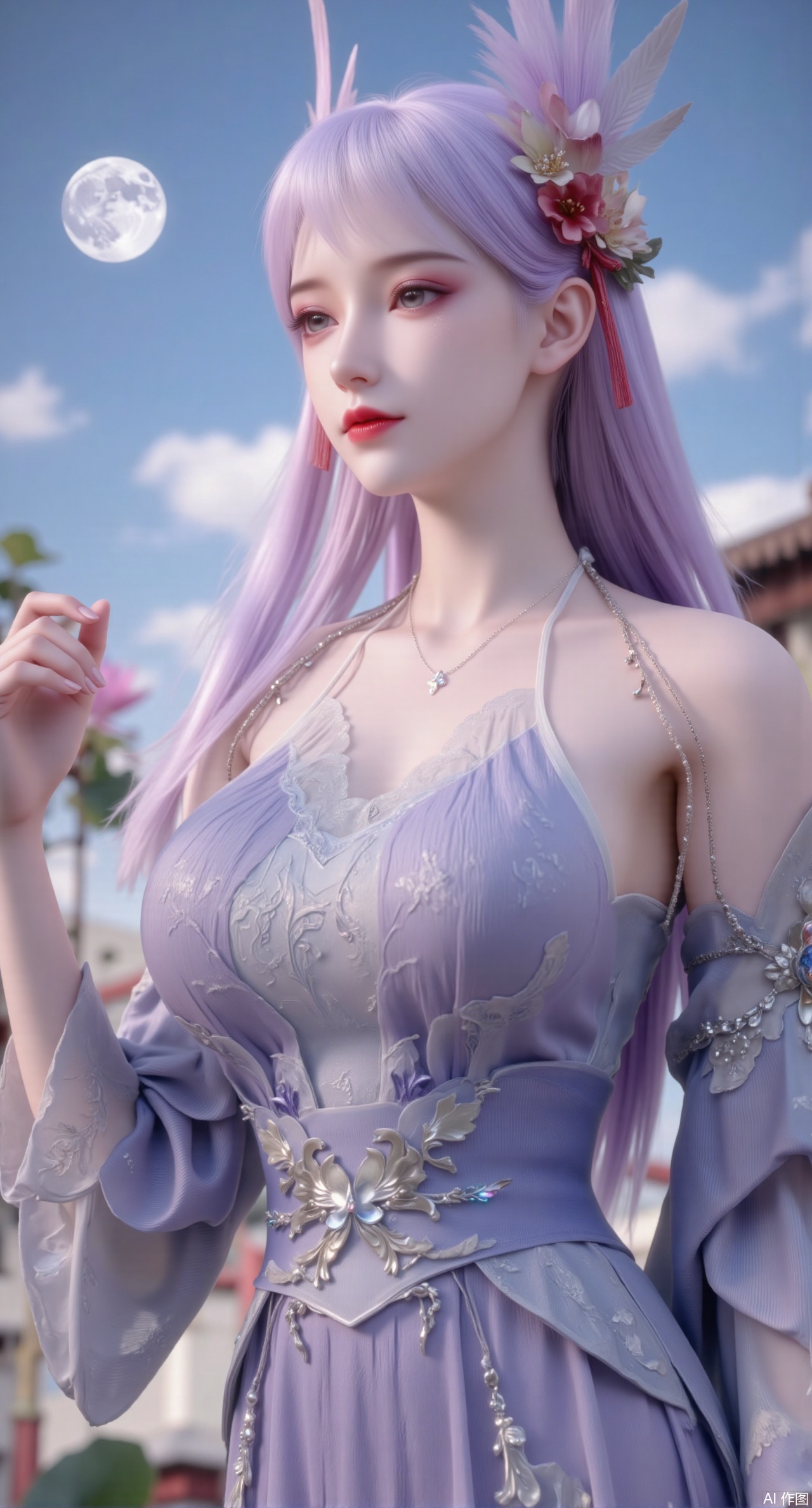 (masterpiece, best quality:1.2),1girl, navel, solo, midriff, bare shoulders, hair ornament,(long hair),(High double ponytail:1.49), red lips, BREAK, (looking at viewer:1.39), chinese clothes,(long dress:1.36), (lace:1.28), BREAK,blurry, solo focus, long hair, lips, daytime, lipstick, outdoors, standing,upper body,(huge breasts:2.99), (full breasts:2.99),background, solo, makeup,Xyunxiao,(Lotus,Water Lily,Blue sky,full moon:1.39),(Lotus pond,ancient Chinese architecture:1.39),Xmupeiling,XsongyuYK,XqiyueFHK,XheguangzhefandiYK,XxiaobaiNZYK,XlimuwanJCBYK,XmeijiK,XzhouruK,XHhanfududou,XzhouruK2,XmeijiK2,XlinziyueK2