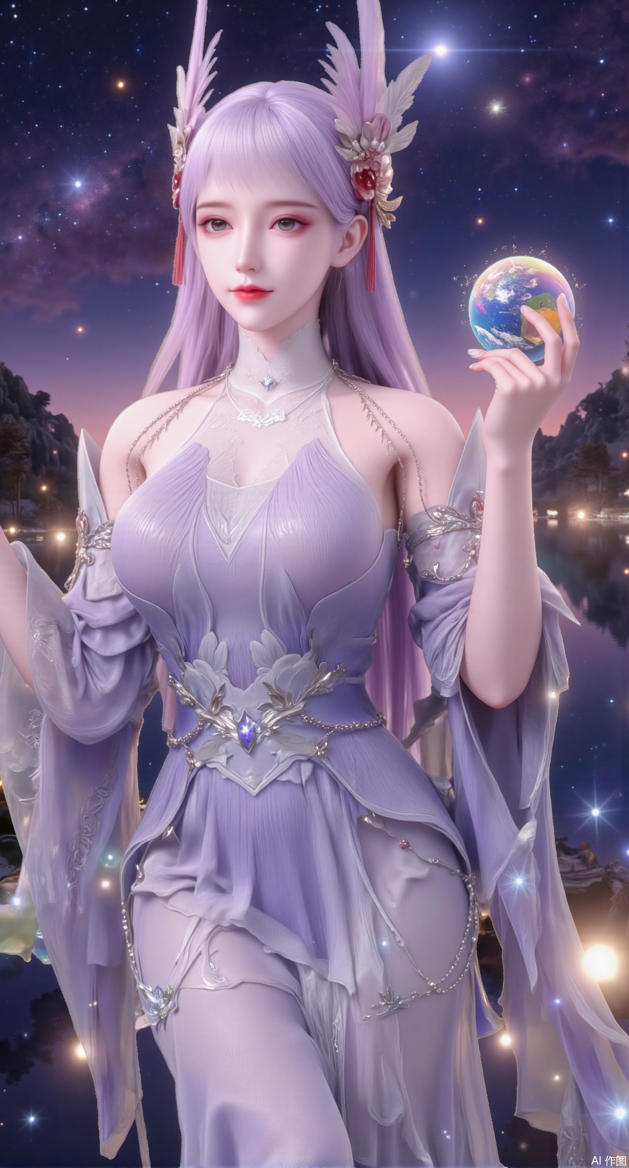 (masterpiece:1.2),best quality,Realistic details, long hair flowing gracefully, exquisitely crafted hair accessories, headdress, holy radiance, starry sky background, nebulae flowing, stars twinkling, willow branches stretching, both hands holding a planet, details on the planet's surface, textures of mountains, rivers and oceans, planets surrounding, planets of various sizes, traces of planetary orbits, dreamy light and shadow effects,(huge breasts:2.99),(full breasts:2.99),,Xmupeiling,XsongyuYK,XqiyueFHK,XheguangzhefandiYK,XxiaobaiNZYK,XlimuwanJCBYK,XmeijiK,XzhouruK