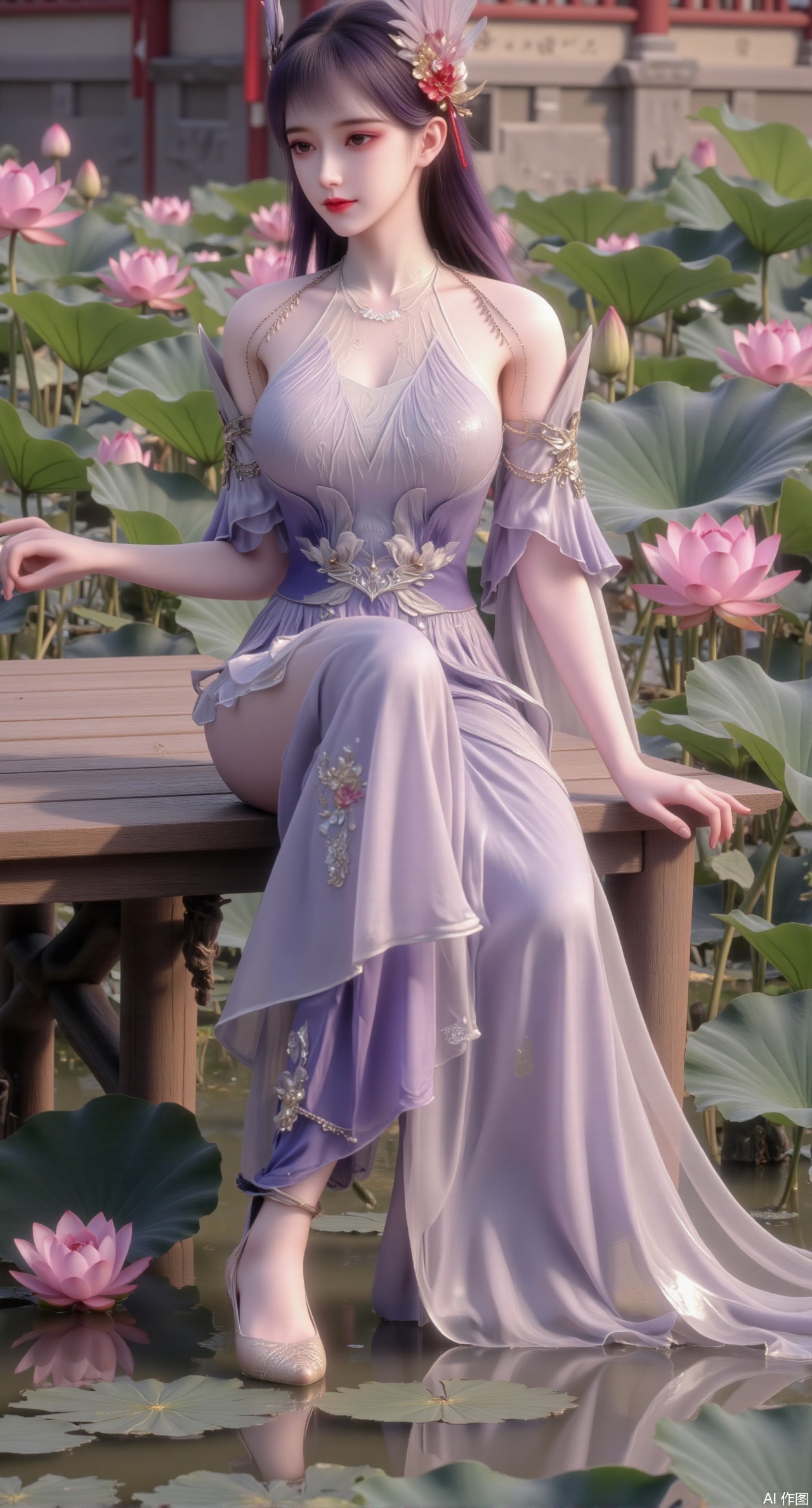 (masterpiece:1.2),best quality,The image is a digital illustration of a young woman sitting on a wooden bench in a pond with lily pads. She is wearing a long dress with design on the chest and sleeves. The dress has a high neckline and short sleeves,Holding a lotus in hand. She has long dark hair styled in loose waves and is wearing gold high heels. The woman is posing with one hand on her hip and the other resting on the edge of the bench. The background is filled with pink and white lotus flowers and green leaves. The overall mood of the image is peaceful and serene,(huge breasts:2.99),(full breasts:2.99),(Background with traditional Chinese architecture, lotus pond and pink lotus flowers:1.39),Xmupeiling,XsongyuYK,XqiyueFHK,XheguangzhefandiYK,XxiaobaiNZYK,XlimuwanJCBYK,XmeijiK,XzhouruK