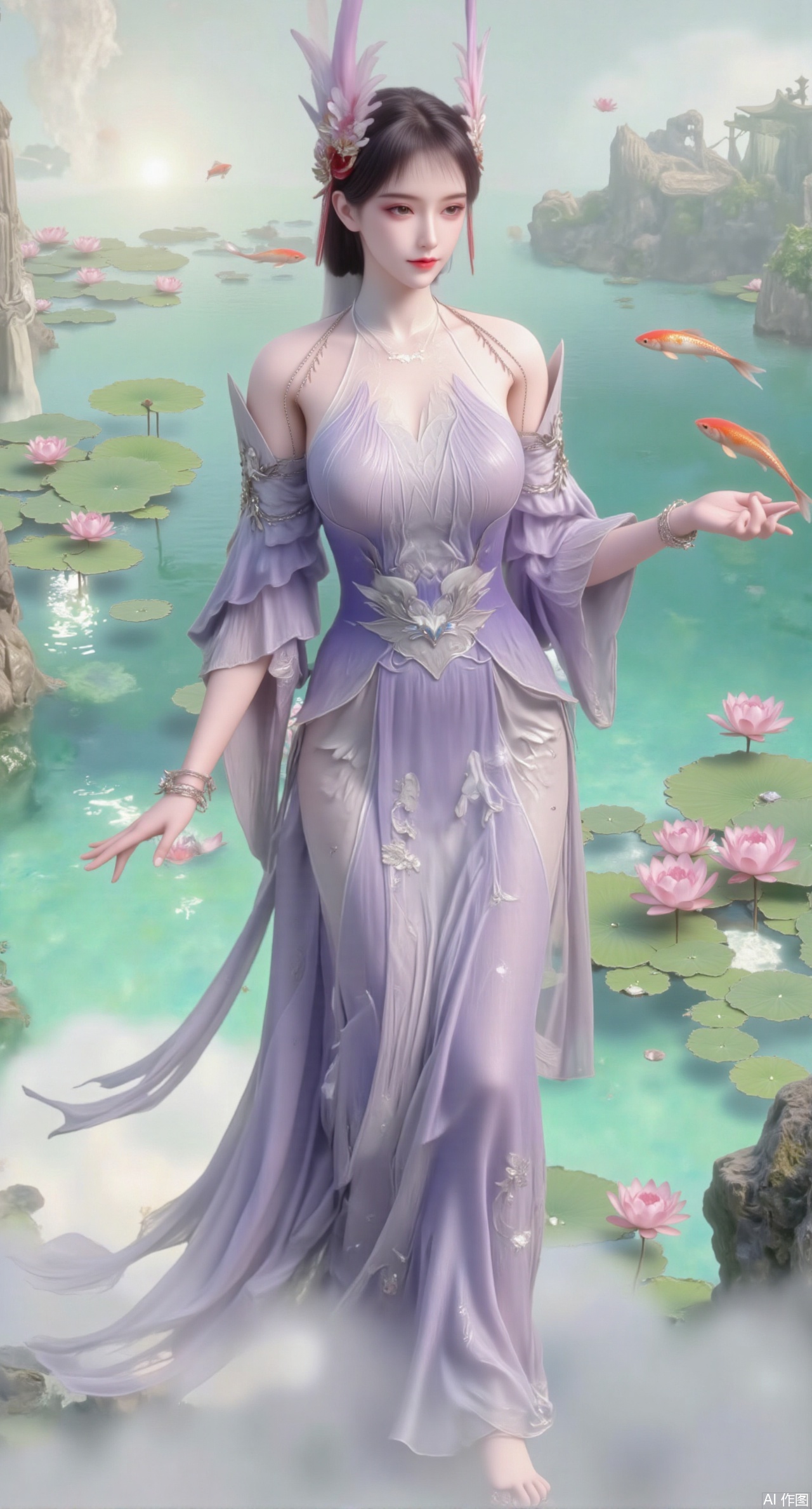 (masterpiece, best quality:1.2),A celestial maiden in Hanfu stands on a cloud, ethereal silk robes fluttering in the wind, swirling sea of clouds beneath her feet, background reveals the emerald lotus pond of Penglai Wonderland with blooming pink-white lotuses, golden koi fish swimming in translucent water, soft morning light piercing through mist, ultra HD rendering showcases intricate embroidery on Hanfu, 8K detail captures dewdrops on lotus petals, dynamic lighting effects emphasize swirling mist movement, panoramic composition creates ethereal celestial atmosphere,(huge breasts:2.99),(full breasts:2.99),,Xmupeiling,XsongyuYK,XqiyueFHK,XheguangzhefandiYK,XxiaobaiNZYK,XlimuwanJCBYK,XmeijiK,XzhouruK