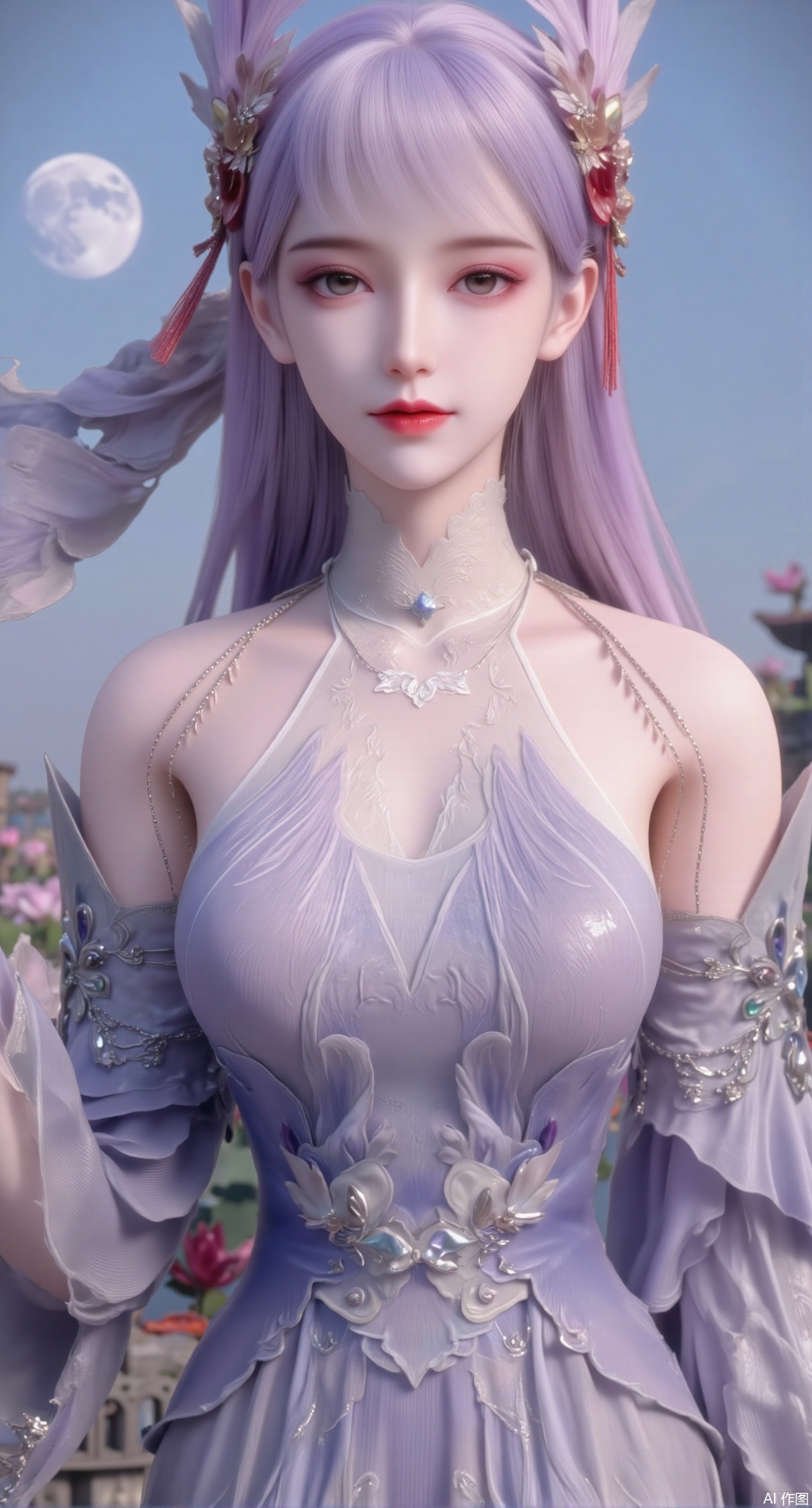 (masterpiece, best quality:1.2),1girl, navel, solo, midriff, bare shoulders, hair ornament,(long hair),(High double ponytail:1.49), red lips, BREAK, (looking at viewer:1.39), chinese clothes,(long dress:1.36), (lace:1.28), BREAK,blurry, solo focus, long hair, lips, daytime, lipstick, outdoors, standing,upper body,(huge breasts:2.99), (full breasts:2.99),background, solo, makeup,Xyunxiao,(Lotus,Water Lily,Blue sky,full moon:1.39),(Lotus pond,ancient Chinese architecture:1.39),Xmupeiling,XsongyuYK,XqiyueFHK,XheguangzhefandiYK,XxiaobaiNZYK,XlimuwanJCBYK,XmeijiK,XzhouruK