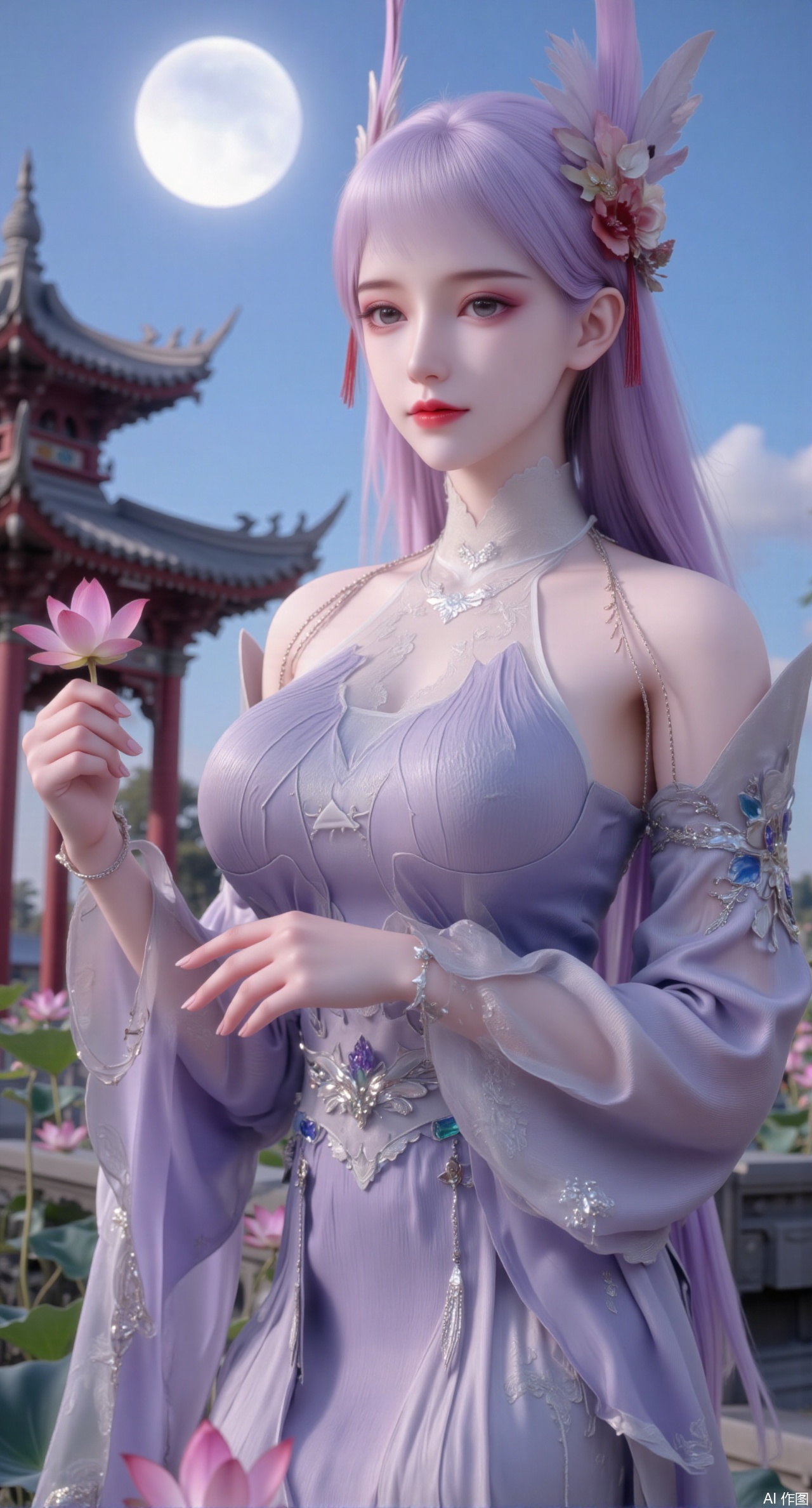(masterpiece, best quality:1.2),1girl, navel, solo, midriff, bare shoulders, hair ornament,(long hair),(High double ponytail:1.49), red lips, BREAK, (looking at viewer:1.39), chinese clothes,(long dress:1.36), (lace:1.28), BREAK,blurry, solo focus, long hair, lips, daytime, lipstick, outdoors, standing,upper body,(huge breasts:2.99), (full breasts:2.99),background, solo, makeup,Xyunxiao,(Lotus,Water Lily,Blue sky,full moon:1.39),(Lotus pond,ancient Chinese architecture:1.39),Xmupeiling,XsongyuYK,XqiyueFHK,XheguangzhefandiYK,XxiaobaiNZYK,XlimuwanJCBYK,XmeijiK,XzhouruK