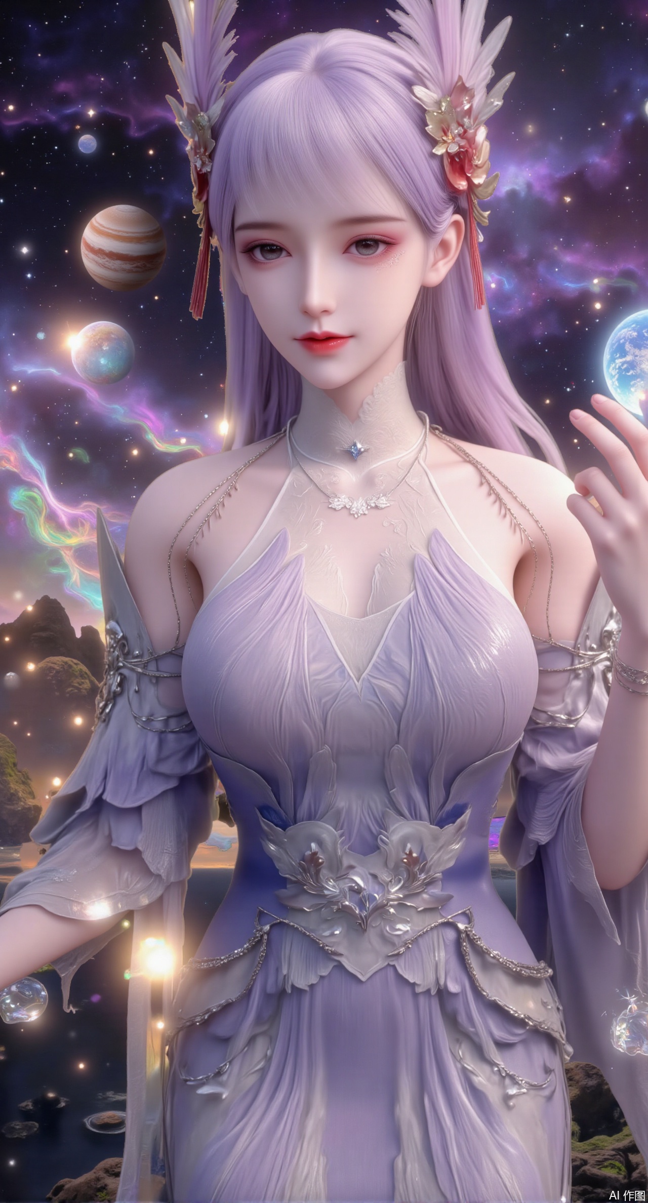 (masterpiece:1.2),best quality,Realistic details, long hair flowing gracefully, exquisitely crafted hair accessories, headdress, holy radiance, starry sky background, nebulae flowing, stars twinkling, willow branches stretching, both hands holding a planet, details on the planet's surface, textures of mountains, rivers and oceans, planets surrounding, planets of various sizes, traces of planetary orbits, dreamy light and shadow effects,(huge breasts:2.99),(full breasts:2.99),,Xmupeiling,XsongyuYK,XqiyueFHK,XheguangzhefandiYK,XxiaobaiNZYK,XlimuwanJCBYK,XmeijiK,XzhouruK