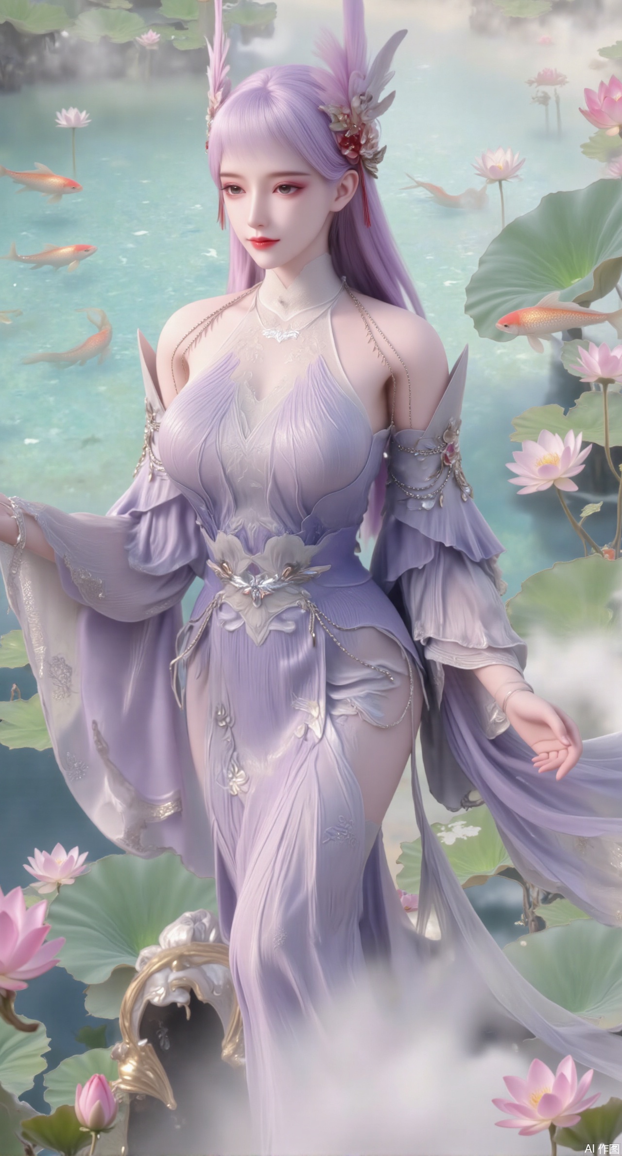 (masterpiece, best quality:1.2),A celestial maiden in Hanfu stands on a cloud, ethereal silk robes fluttering in the wind, swirling sea of clouds beneath her feet, background reveals the emerald lotus pond of Penglai Wonderland with blooming pink-white lotuses, golden koi fish swimming in translucent water, soft morning light piercing through mist, ultra HD rendering showcases intricate embroidery on Hanfu, 8K detail captures dewdrops on lotus petals, dynamic lighting effects emphasize swirling mist movement, panoramic composition creates ethereal celestial atmosphere,(huge breasts:2.99),(full breasts:2.99),,Xmupeiling,XsongyuYK,XqiyueFHK,XheguangzhefandiYK,XxiaobaiNZYK,XlimuwanJCBYK,XmeijiK,XzhouruK