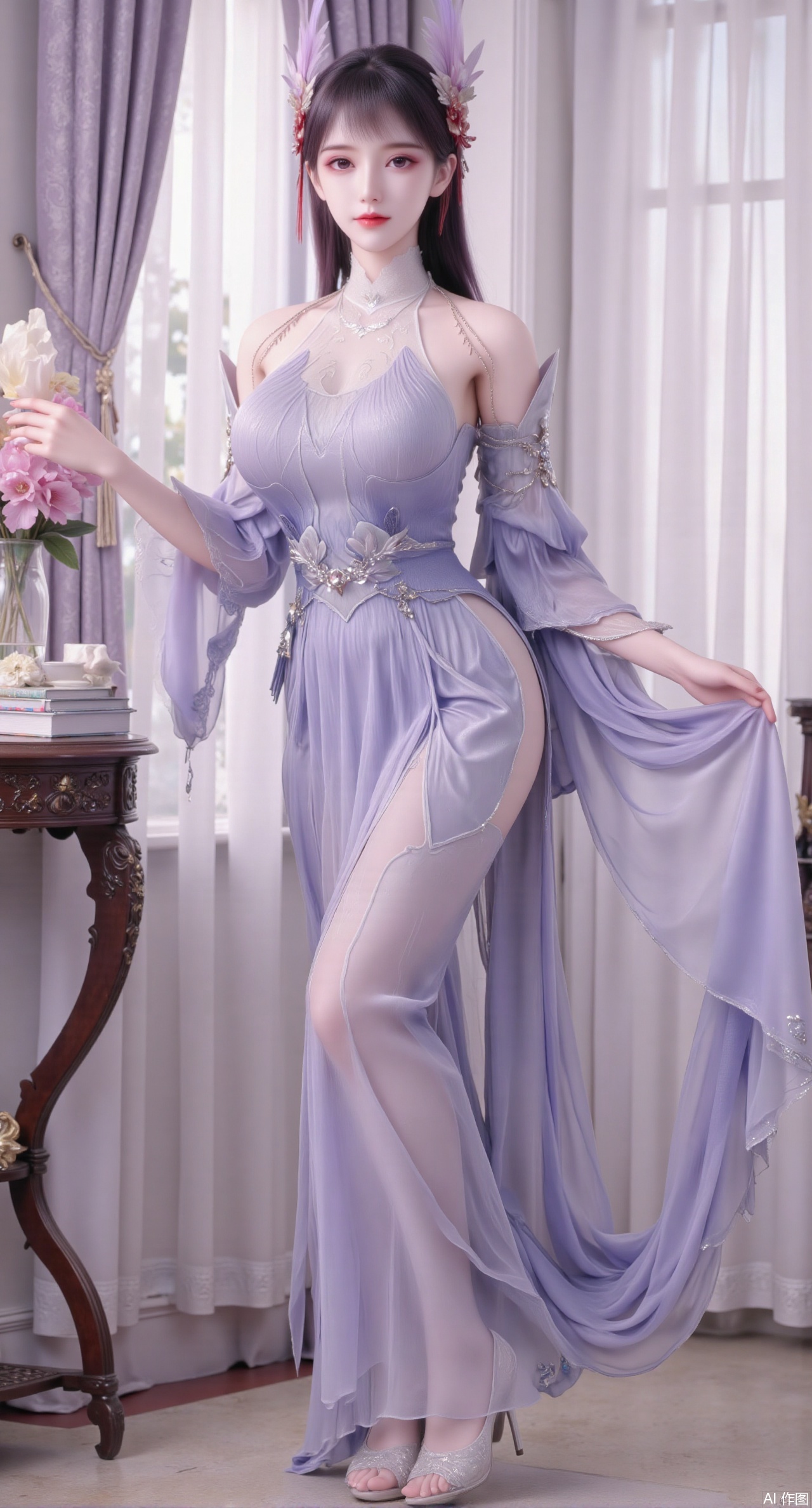 (masterpiece:1.2),Ultra clear, wallpaper, 8k, masterpiece, 1girl, solo, long hair, breasts, looking at viewer, bangs, large breasts,long dress,, bare shoulders, jewelry, black hair, standing, purple eyes, full body, flower, thighs, indoors, hair bun, long dress, high heels, cup, see-through, book, bare legs, window, table, white footwear, standing on one leg, curtains, pink flower, side slit, vase, ,(huge breasts:2.99),(full breasts:2.99),,Xmupeiling,XsongyuYK,XqiyueFHK,XheguangzhefandiYK,XxiaobaiNZYK,XlimuwanJCBYK,XmeijiK,XzhouruK