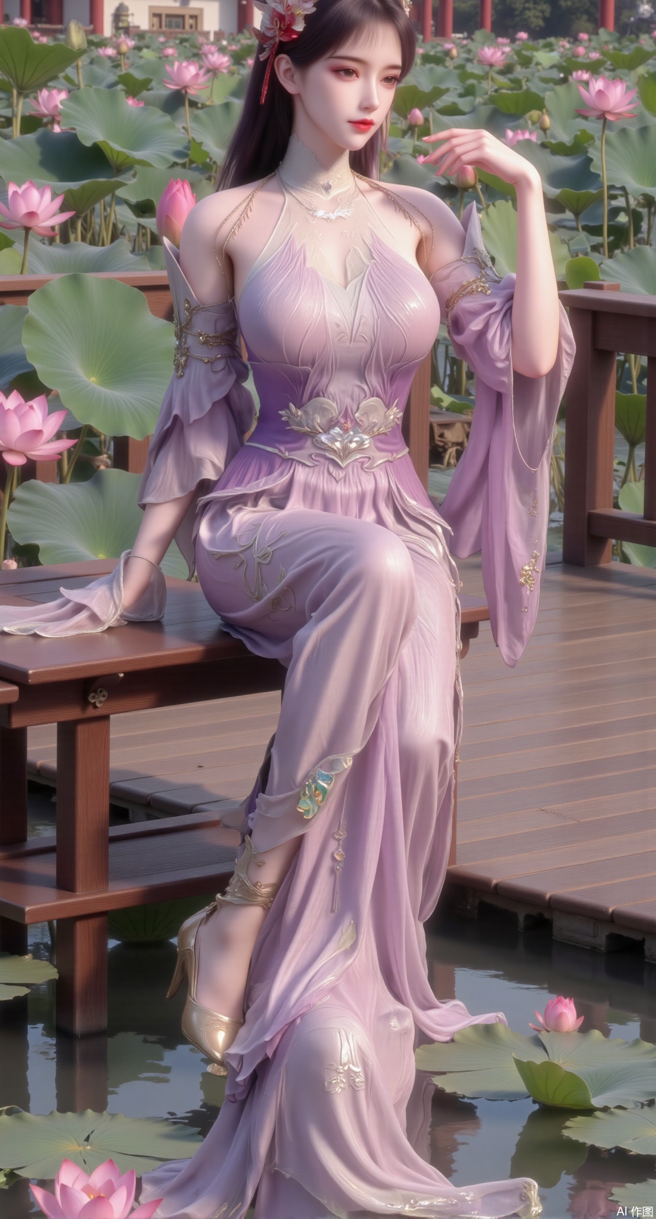 (masterpiece:1.2),best quality,The image is a digital illustration of a young woman sitting on a wooden bench in a pond with lily pads. She is wearing a long dress with design on the chest and sleeves. The dress has a high neckline and short sleeves,Holding a lotus in hand. She has long dark hair styled in loose waves and is wearing gold high heels. The woman is posing with one hand on her hip and the other resting on the edge of the bench. The background is filled with pink and white lotus flowers and green leaves. The overall mood of the image is peaceful and serene,(huge breasts:2.99),(full breasts:2.99),(Background with traditional Chinese architecture, lotus pond and pink lotus flowers:1.39),Xmupeiling,XsongyuYK,XqiyueFHK,XheguangzhefandiYK,XxiaobaiNZYK,XlimuwanJCBYK,XmeijiK,XzhouruK