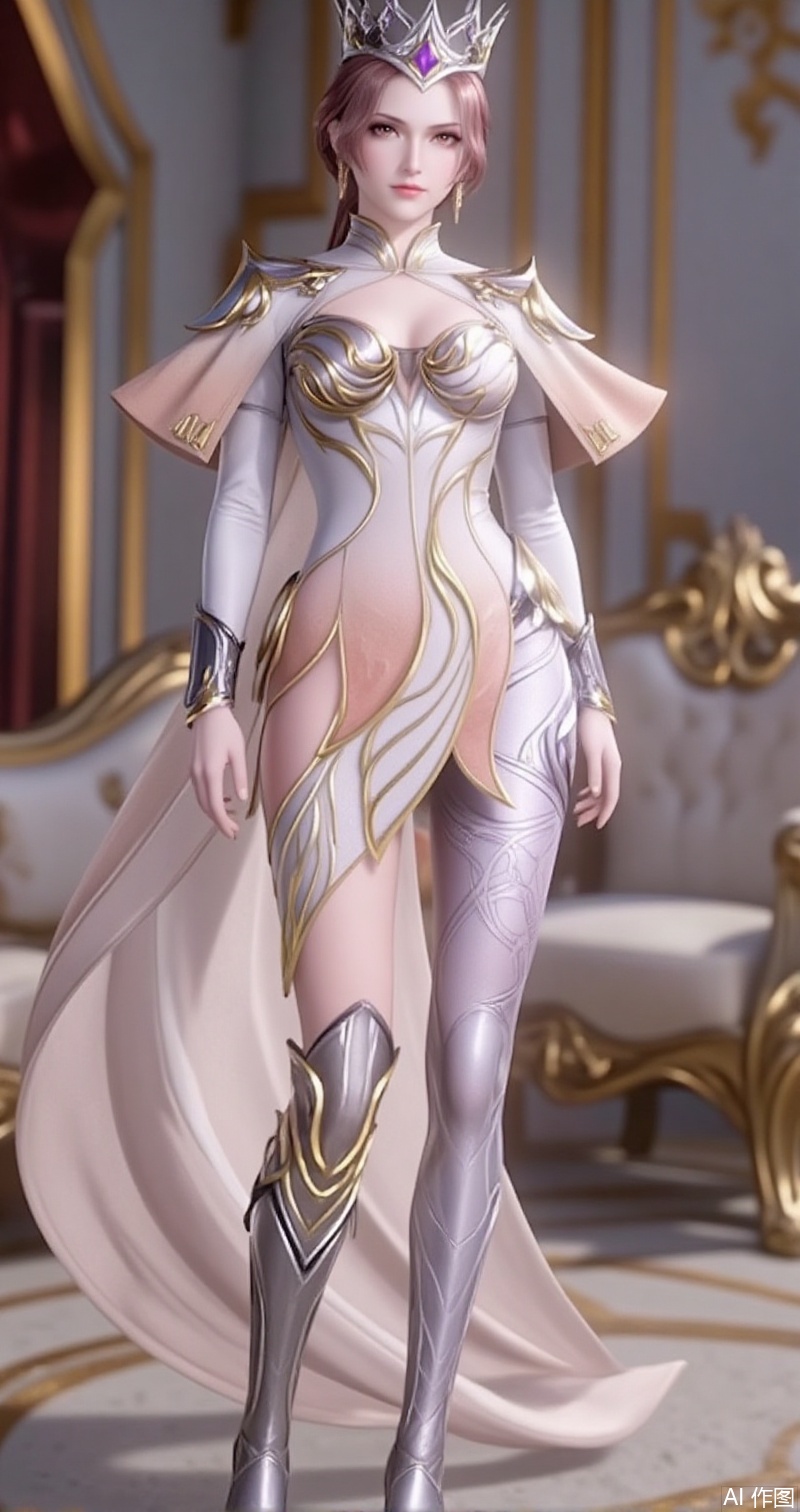 lvjing,baoshi,bibidong,1girl, brown hair,solo, crown, portrait, pony-tail,low ponytail,looking at viewer, gem, blurry, short hair, lips, parted lips,huliena,1girl,solo,armor,boots,capelet,high heels,arms at sides,standing,dress,white dress,cover,gradient background,close-up details,outstanding style,adding a touch of dimension to your images without compromising details,close-up,