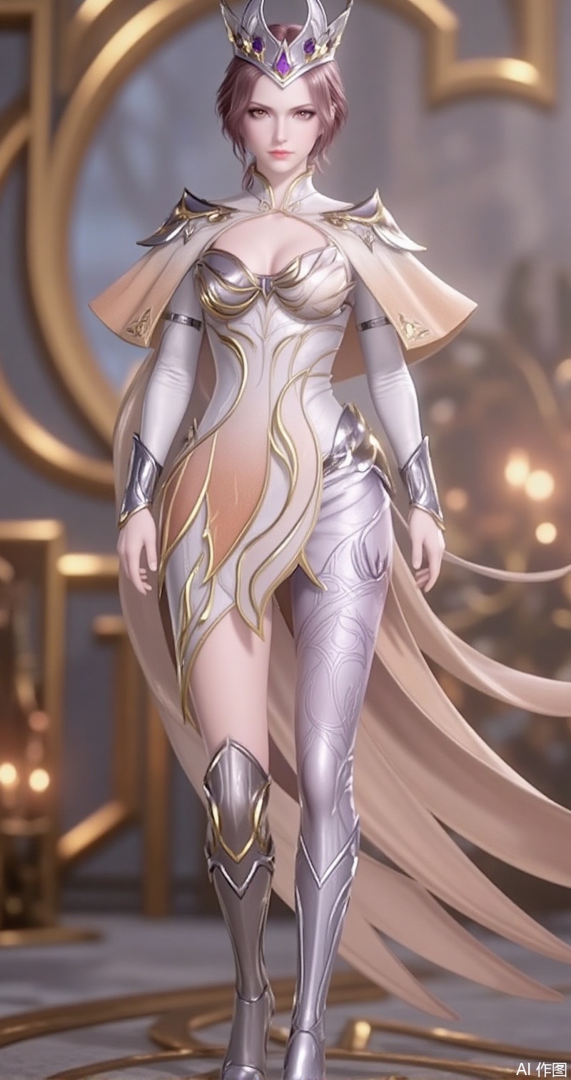 lvjing,baoshi,bibidong,1girl, brown hair,solo, crown, portrait, pony-tail,low ponytail,looking at viewer, gem, blurry, short hair, lips, parted lips,huliena,1girl,solo,armor,boots,capelet,high heels,arms at sides,standing,dress,white dress,cover,gradient background,close-up details,outstanding style,adding a touch of dimension to your images without compromising details,close-up,