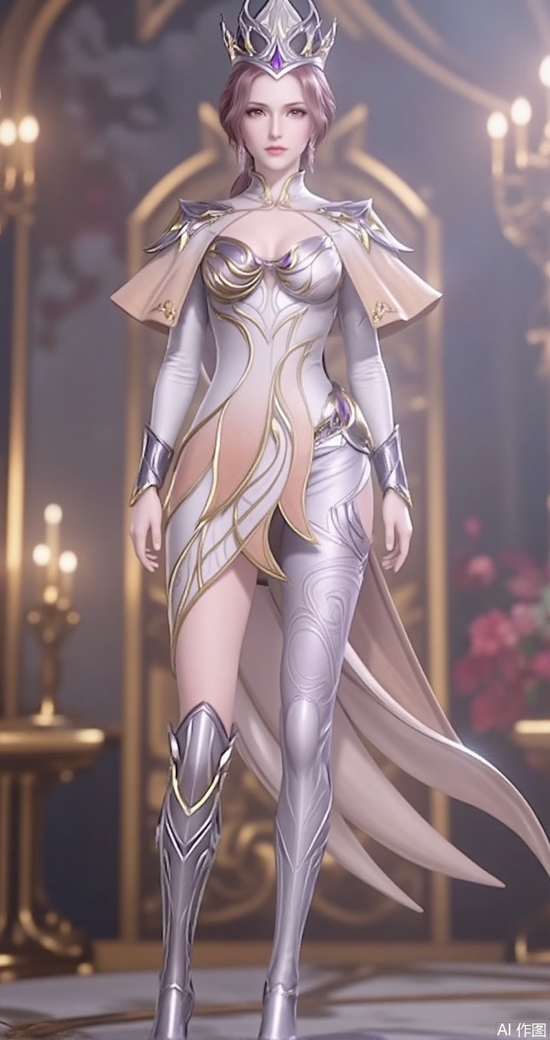 lvjing,baoshi,bibidong,1girl, brown hair,solo, crown, portrait, pony-tail,low ponytail,looking at viewer, gem, blurry, short hair, lips, parted lips,huliena,1girl,solo,armor,boots,capelet,high heels,arms at sides,standing,dress,white dress,cover,gradient background,close-up details,outstanding style,adding a touch of dimension to your images without compromising details,close-up,