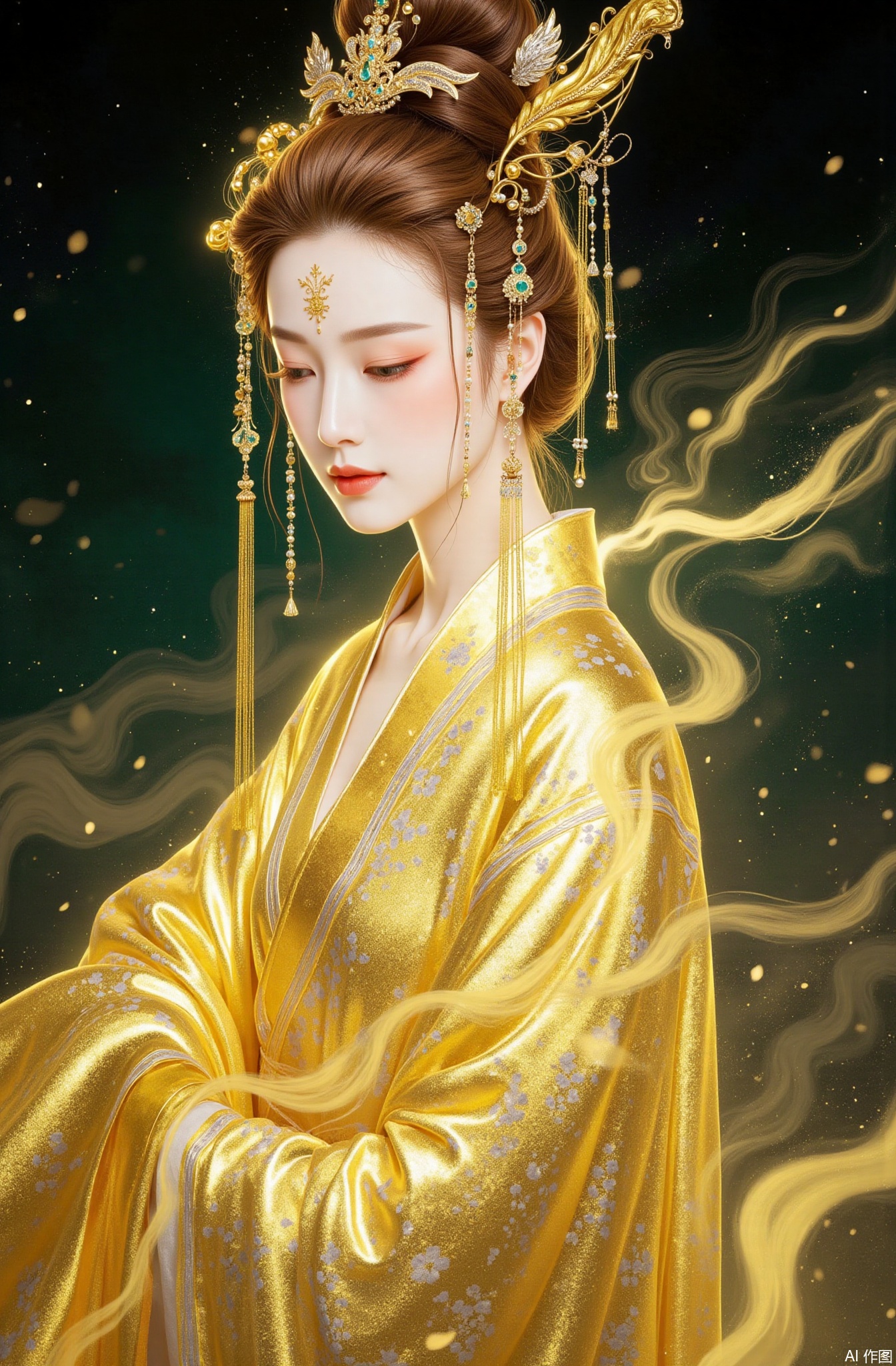 Gold foil rock color art,
1young woman, agate jewelry, Ming - style costumes, solo, headdress, agate - inlaid earrings, brown hair, casting her eyes down, thick eyelashes, peach - blossom - colored lips, hair knot, delicate makeup, fancy updo, mouth closed firmly, silver forehead mark, precious agate gem, nearly - closed eyes, auspicious - pattern facial mark, single hair knot, Ming - style outer robe, fine - lined eyeliner, upper body area, swirling smoke, hair gracefully pulled back, looking askant, beige eyeshadow, tassel made of silk and beads, long shiny hair, carved hair stick, dark green background, from semi - side