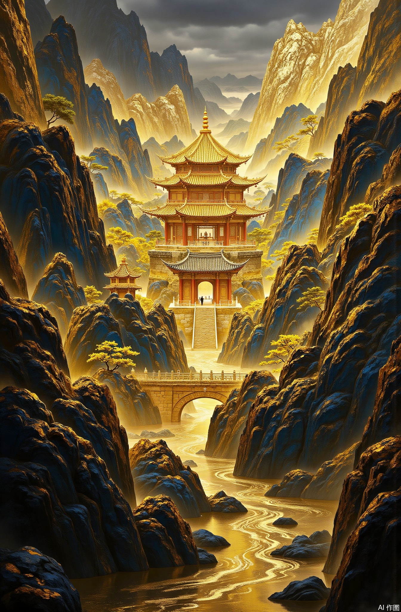 Gold foil rock color art,
no people, natural view, edifices, North - east Asian architecture, overcast sky, dark cloud, outdoor space, rocky mountain, pine trees, citadel, stone bridge, pavilion - style building