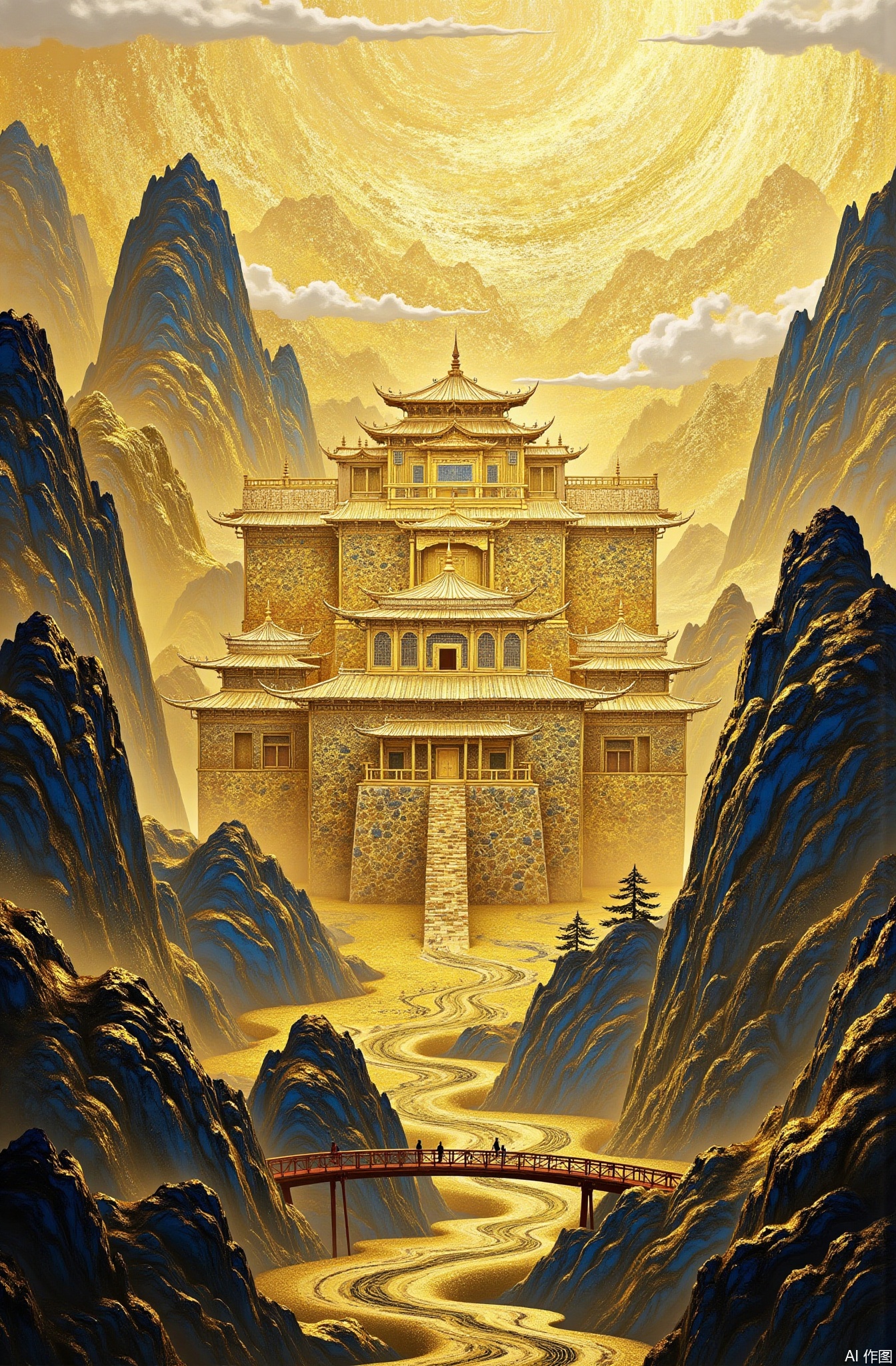 Gold foil rock color art,
no mankind, sceneriescapes, architectural structures, Mongolian - style architecture, bright sky, scattered cloud, outside surroundings, grass - covered mountain, poplar trees, yurt - like castle, wooden bridge, round - topped building