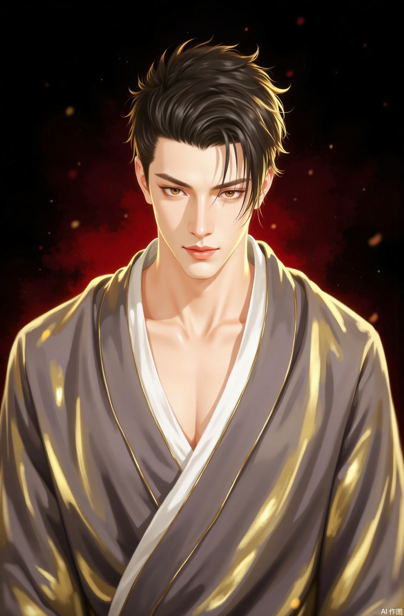 1boy, solo, male focus, looking at viewer, robe, upper body, brown eyes, black background, closed mouth