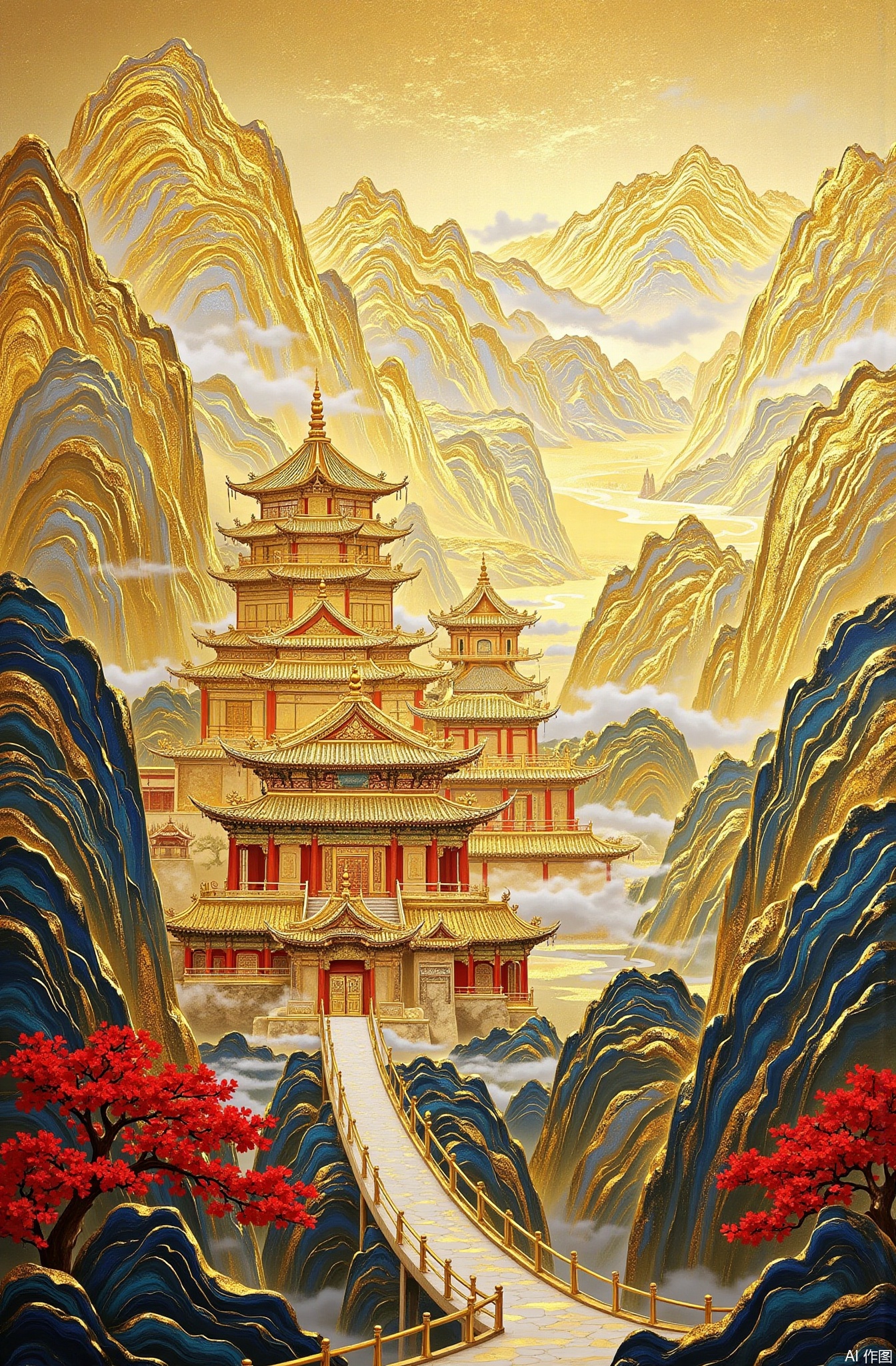 Gold foil rock color art,
no human figures, sceneries, structures, Central Asian architecture, clear sky, wispy cloud, exterior environment, snow - capped mountain, maple trees, palatial castle, suspension bridge, domed building