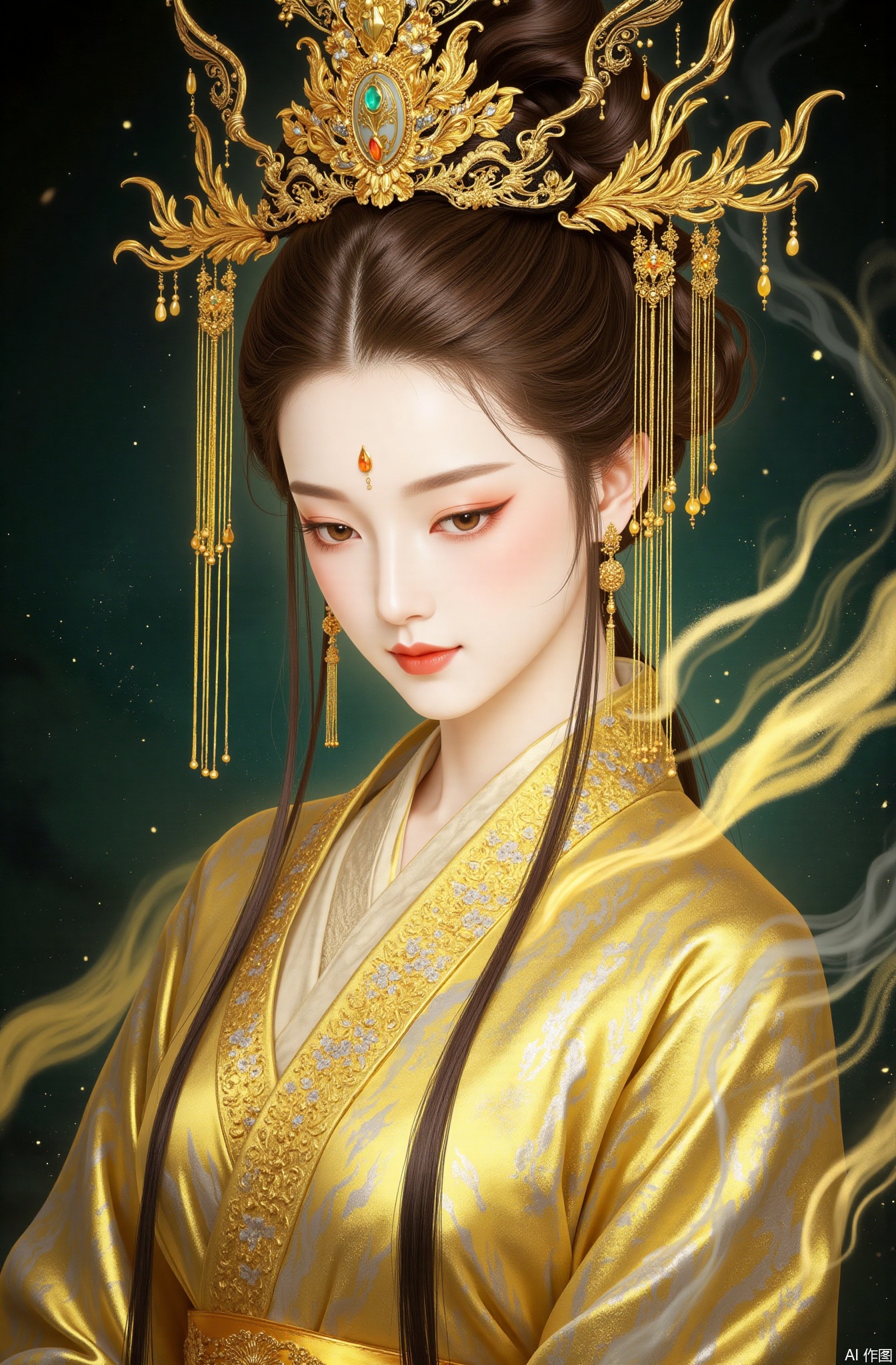 Gold foil rock color art,
1young woman, agate jewelry, Ming - style costumes, solo, headdress, agate - inlaid earrings, brown hair, casting her eyes down, thick eyelashes, peach - blossom - colored lips, hair knot, delicate makeup, fancy updo, mouth closed firmly, silver forehead mark, precious agate gem, nearly - closed eyes, auspicious - pattern facial mark, single hair knot, Ming - style outer robe, fine - lined eyeliner, upper body area, swirling smoke, hair gracefully pulled back, looking askant, beige eyeshadow, tassel made of silk and beads, long shiny hair, carved hair stick, dark green background, from semi - side