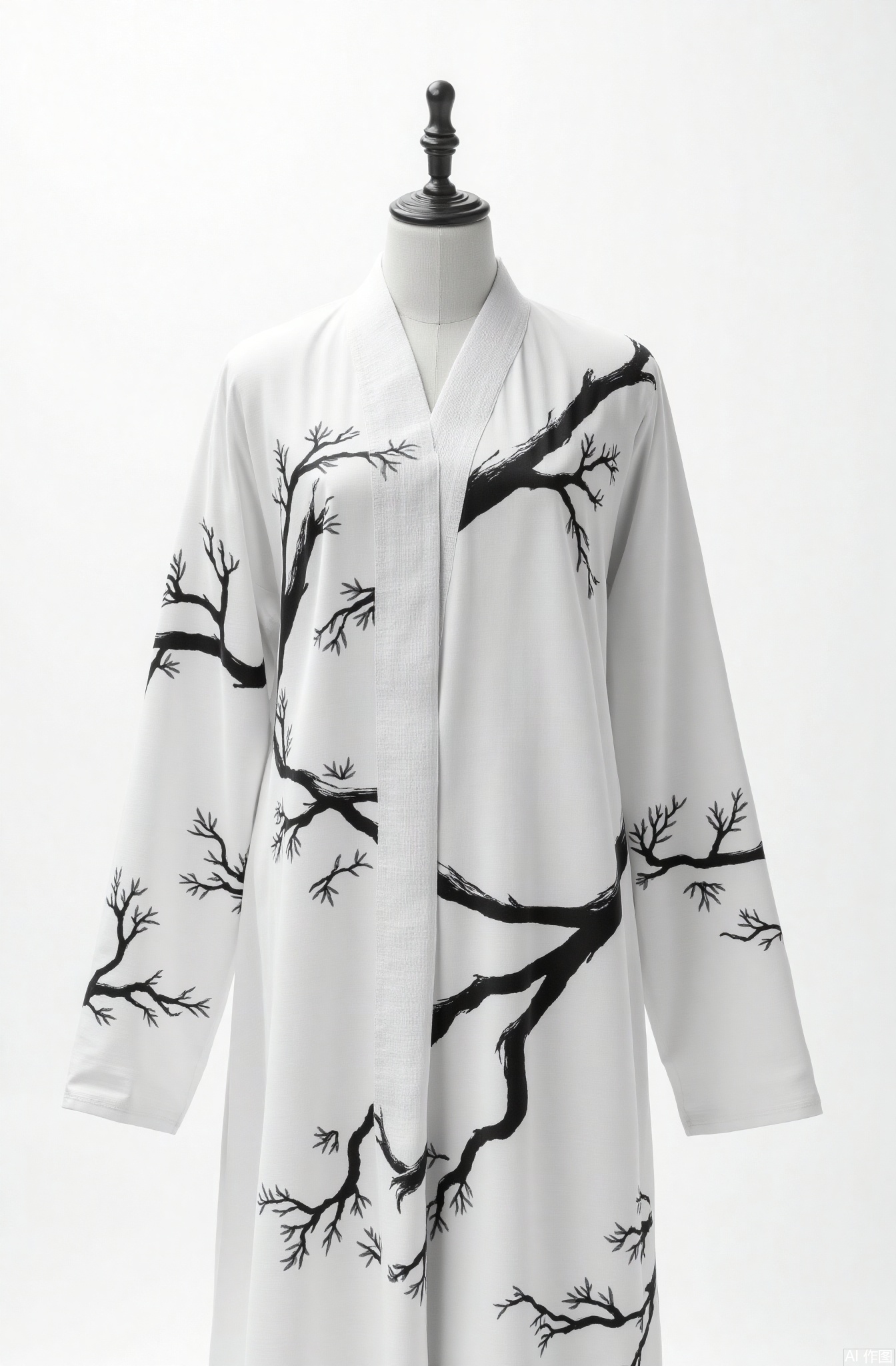 no humans, still life, hanfu, dummy, monochrome, simple background, branch, white background