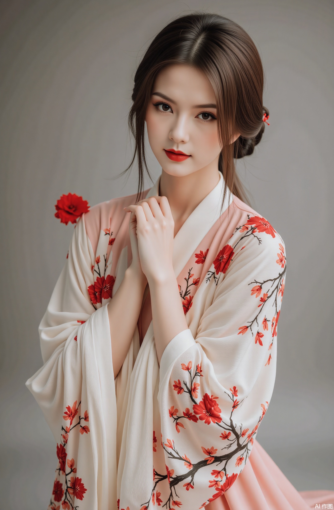 Chinese beauty, super realistic photos, master composition, realistic photography style, 8k resolution, high definition, visual impact, depth of field, photo background
 hanfu, dummy, still life, simple background, red flower
