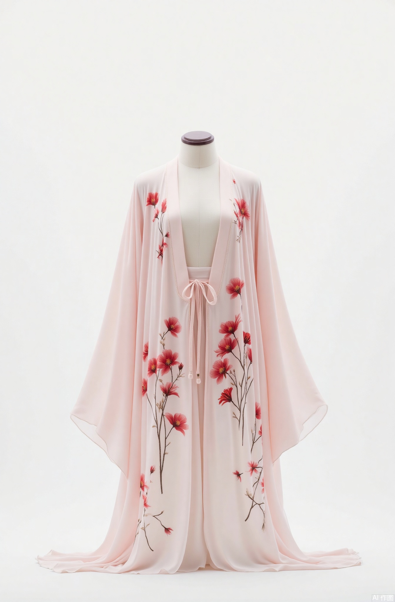 no humans, white background, hanfu, dummy, still life, simple background, red flower