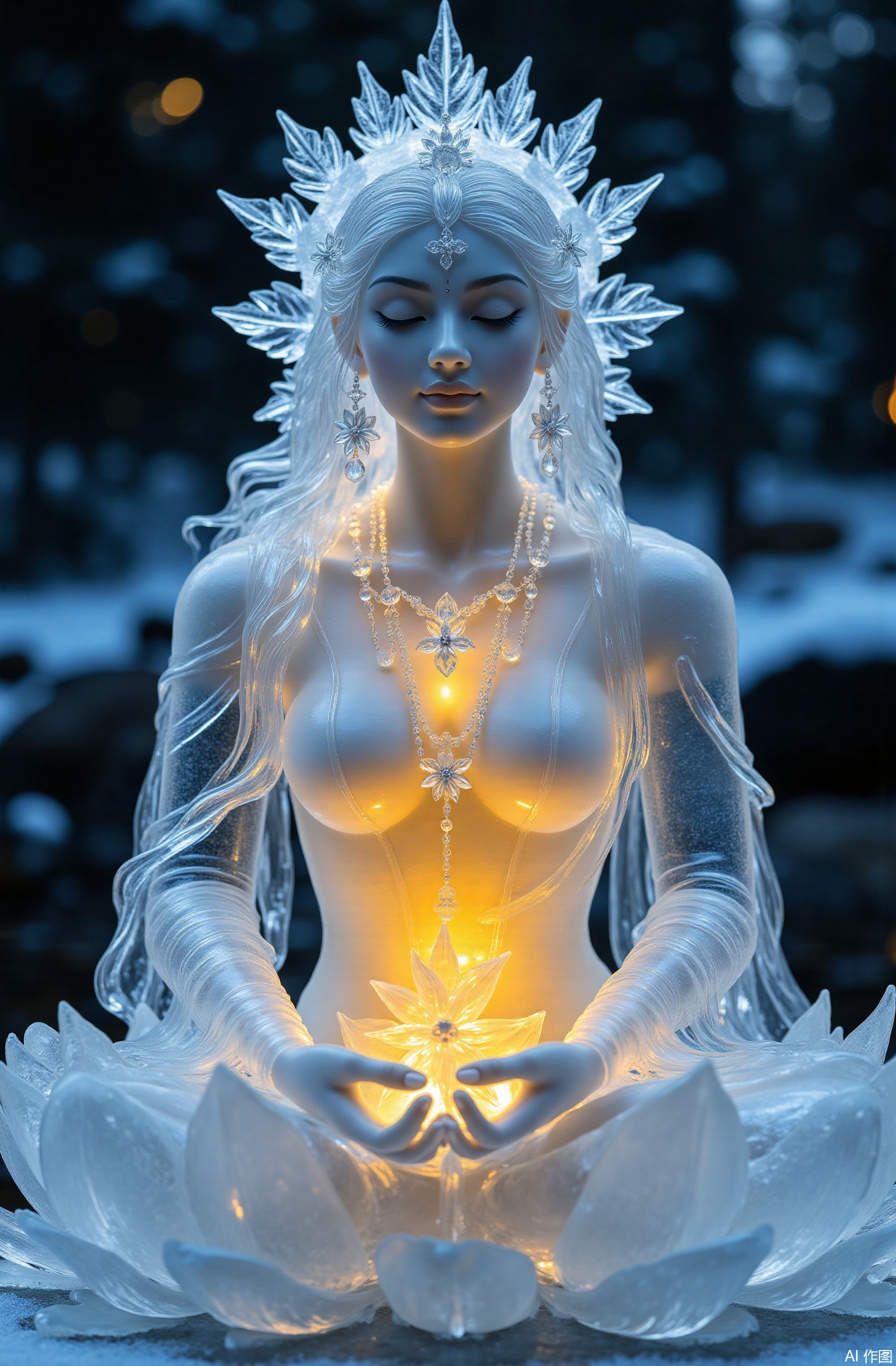Transparent ice sculpture art,yellow light inside,
1goddess - like being, celestial - stone necklace, divine - looking jewelry, statuesque breasts, silk - like dress, dreamily blurry, eyes closed in meditation, star - shaped earrings, lotus flower, blurry starry - sky background, otherworldly makeup, long, flowing hair, gracefully pointed ears, medium - proportioned bosom, soft, silver backlighting, strong depth of field, white eyeshadow, glowing celestial water, closed mouth, facing the beholder with a serene expression, long, sheer sleeves, hands placed palm - to - palm, upper torso in the spotlight