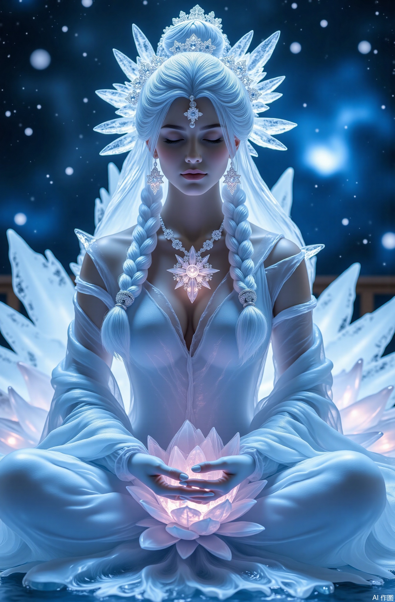 1goddess, celestial ice jewels, eyes closed in a pensive mood, softly out - of - focus, star - shaped ice earrings, sitting in a divine pose, ice - formed peony, flower, ice - star necklace, blurry celestial ice - nebula background, regal bosom, flowing ice - satin dress, full - frontal facing the viewer, long braided tresses, significant depth of field, hair in an elaborate bun, hands placed serenely together, adorned ears, silver - white hair, long, billowing sleeves