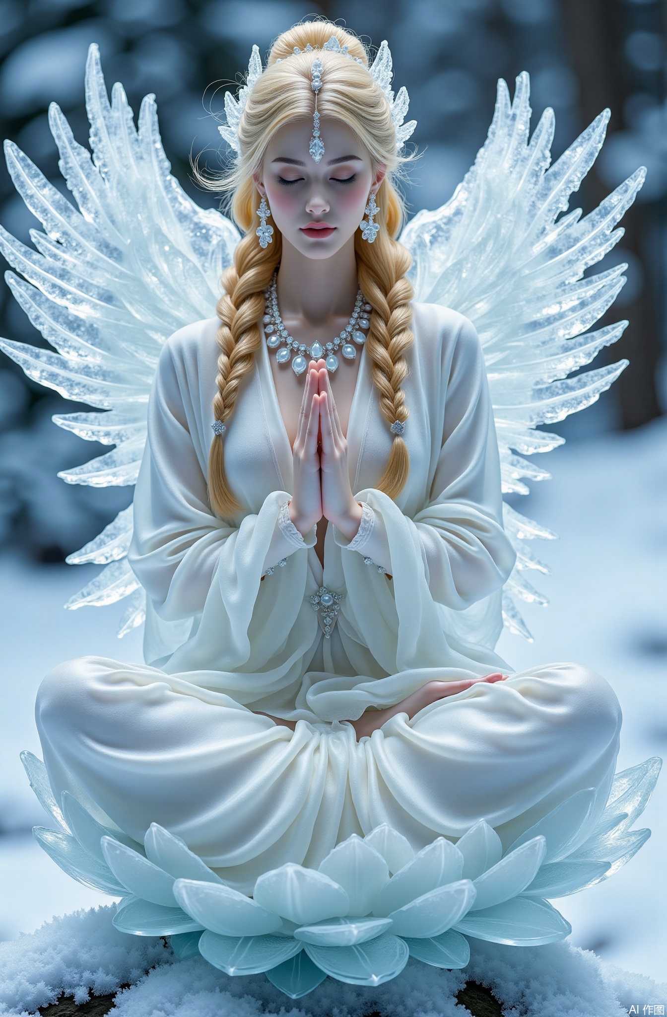 1angel, pearlescent ice jewels, eyes closed in reverence, blurry in a celestial way, feather - shaped ice earrings, sitting in a pose of grace, ice - covered lily of the valley, flower, ice - feather necklace, blurry heavenly ice - cloud background, pure bosom, flowing ice - silk robe, facing the onlooker with a gentle turn, long, golden - hued braid, strong depth of field, hair in an elegant bun, hands clasped in prayer, wing - tipped ears, white - gold hair, long, flowing sleeves