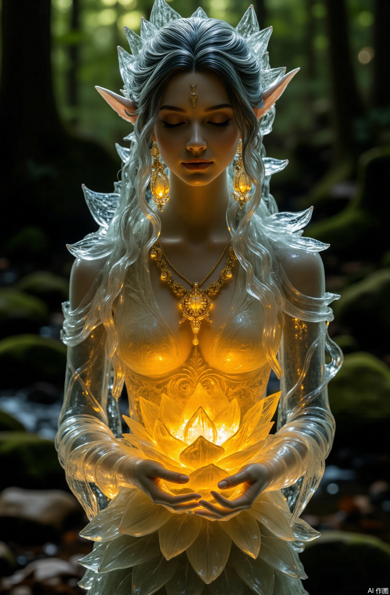 Transparent ice sculpture art,yellow light inside,
1wood - nymph, vine - wrapped necklace, nature - inspired jewelry, full - figured breasts, leaf - adorned dress, hazily blurry, eyes closed in tranquility, jade - like earrings, wild rose flower, blurry forest glade background, earthy makeup, long, unkempt hair, delicately pointed ears, medium - full bosom, golden backlighting filtering through leaves, distinct depth of field, brown eyeshadow, trickling forest water, mouth closed gently, facing the viewer head - on, long, leaf - covered sleeves, hands cupped together, upper torso emphasized