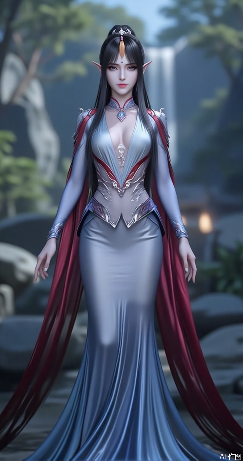 lvjing,baoshi,fengqinger,1girl,solo,pointy ears,black hair,looking at viewer,long hair,grey eyes,closed mouth,blurry,hair ornament,facial mark,forehead mark,makeup,bosaixi,1girl,solo,dress,jewelry,necklace,cape,blue dress,full body,standing,