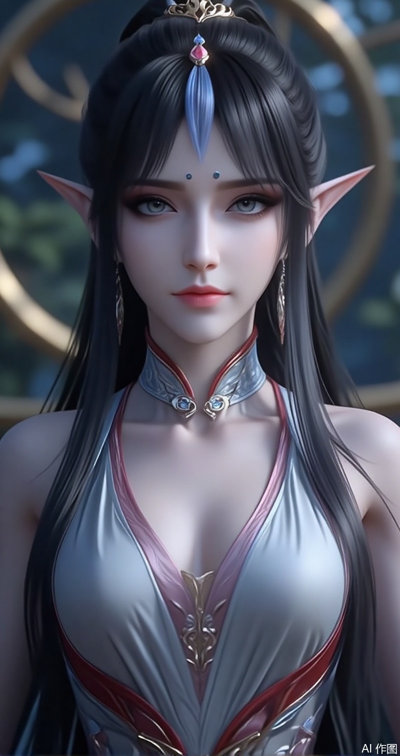 lvjing,baoshi,fengqinger,1girl,solo,pointy ears,black hair,looking at viewer,long hair,grey eyes,closed mouth,blurry,hair ornament,facial mark,forehead mark,makeup,bosaixi,1girl,solo,earrings,jewelry,looking at viewer,breasts,tarot,collarbone,upper body,dress,closed mouth,card \(medium\),tarot \(medium\),frills,border,cover,gradient background,close-up details,outstanding style,adding a touch of dimension to your images without compromising details,close-up