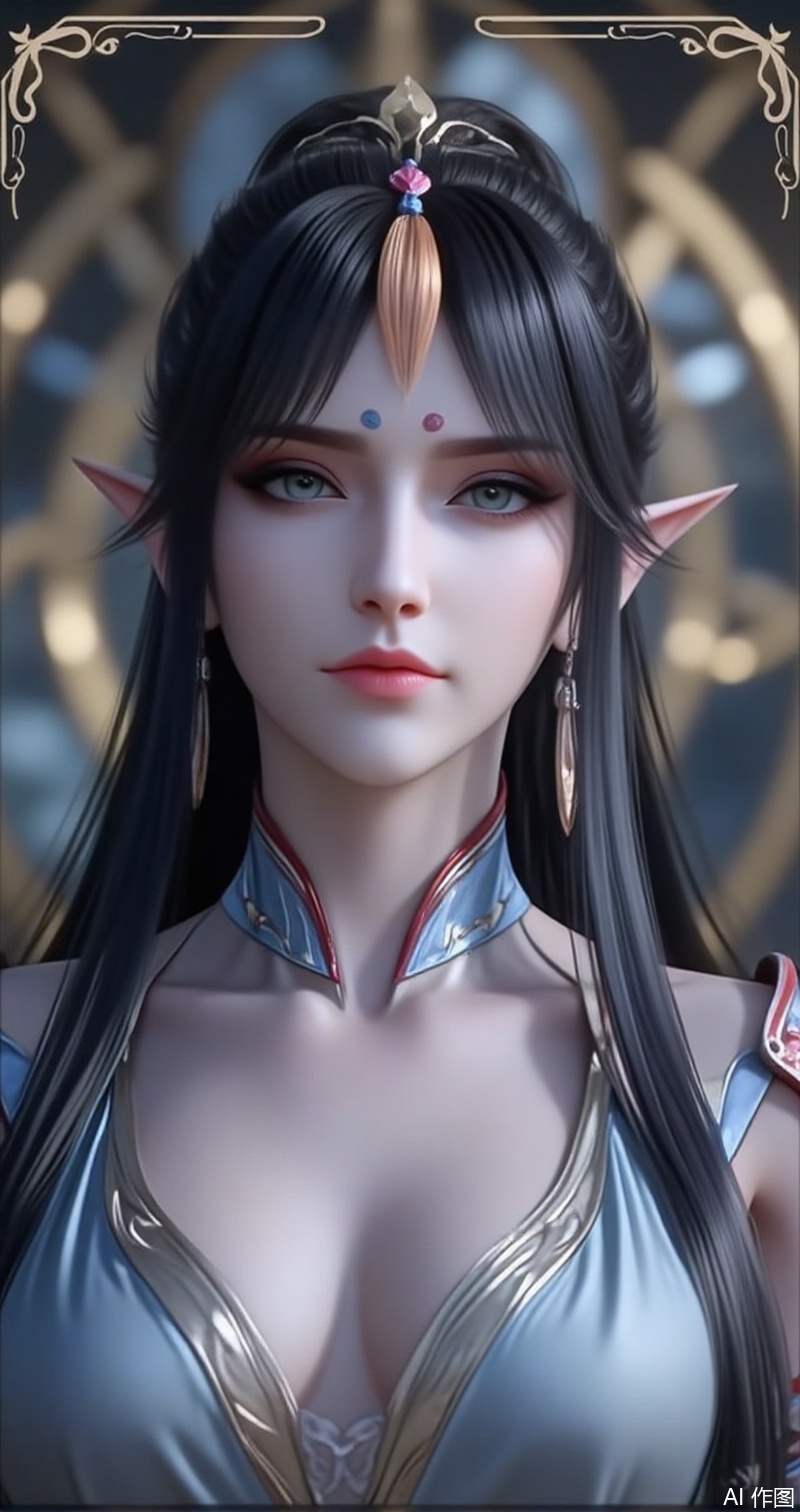 lvjing,baoshi,fengqinger,1girl,solo,pointy ears,black hair,looking at viewer,long hair,grey eyes,closed mouth,blurry,hair ornament,facial mark,forehead mark,makeup,bosaixi,1girl,solo,earrings,jewelry,looking at viewer,breasts,tarot,collarbone,upper body,dress,closed mouth,card \(medium\),tarot \(medium\),frills,border,cover,gradient background,close-up details,outstanding style,adding a touch of dimension to your images without compromising details,close-up