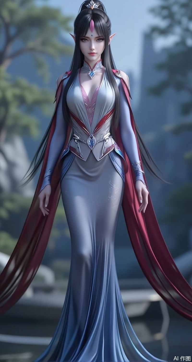 lvjing,baoshi,fengqinger,1girl,solo,pointy ears,black hair,looking at viewer,long hair,grey eyes,closed mouth,blurry,hair ornament,facial mark,forehead mark,makeup,bosaixi,1girl,solo,dress,jewelry,necklace,cape,blue dress,full body,standing,