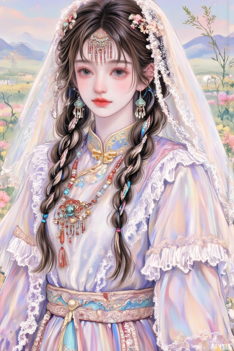 Cute sweet girl wearing Hanfu, wearing hair accessories, tulle, oracle yarn, solid color background
