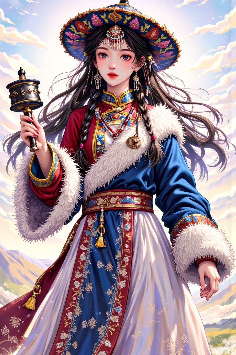 1girl, wearing Xinjiang Uyghur clothing, holding a drum in hand, wearing Xinjiang hat, long hair, grape rack