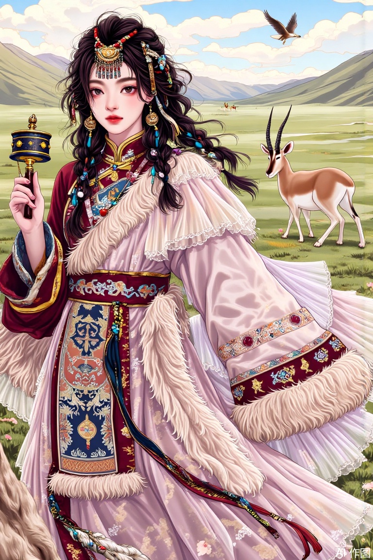 1girl, wearing lotus root pink Tibetan clothes, holding prayer drum in hand, background is grassland, Tibetan antelope, wearing Tibetan hair accessories