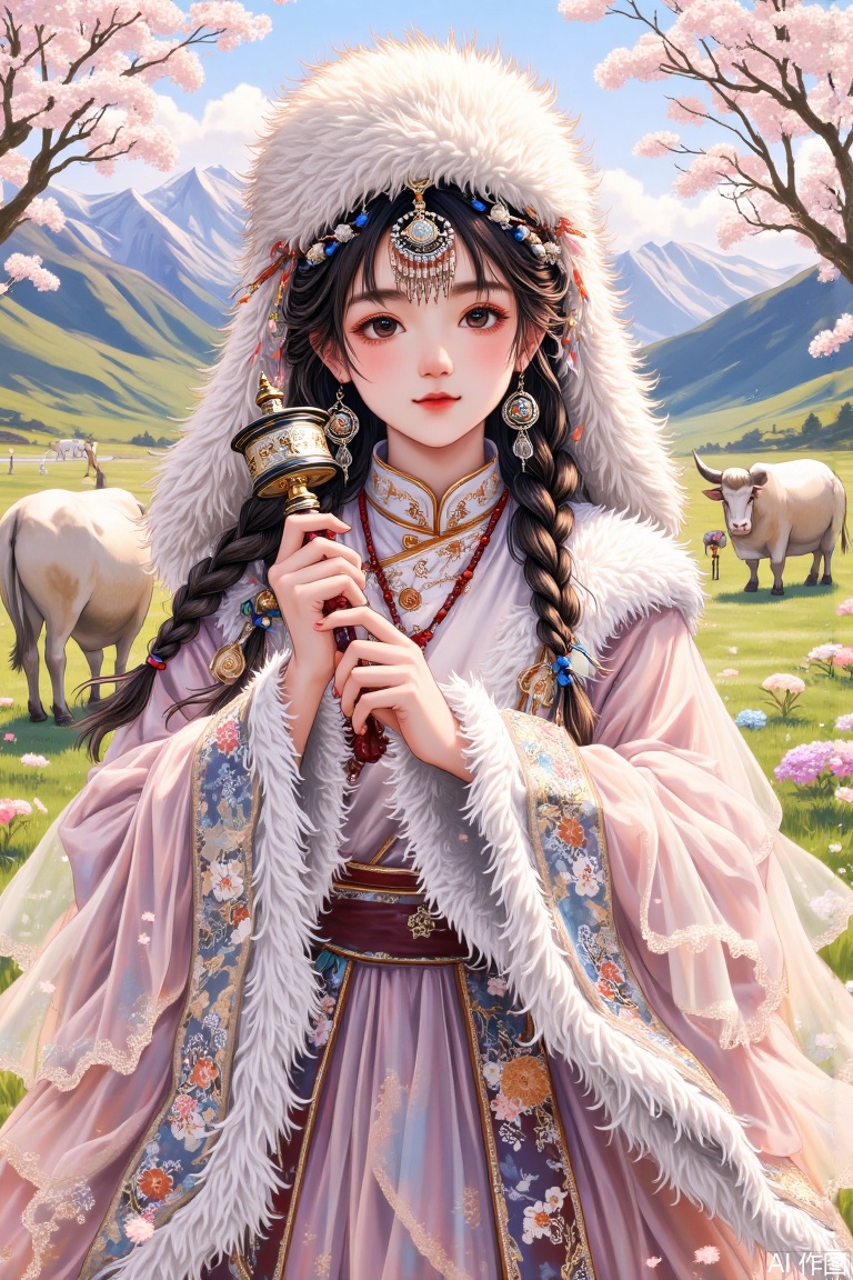 A cute sweet girl wearing tulle hanfu, furry hat, yak