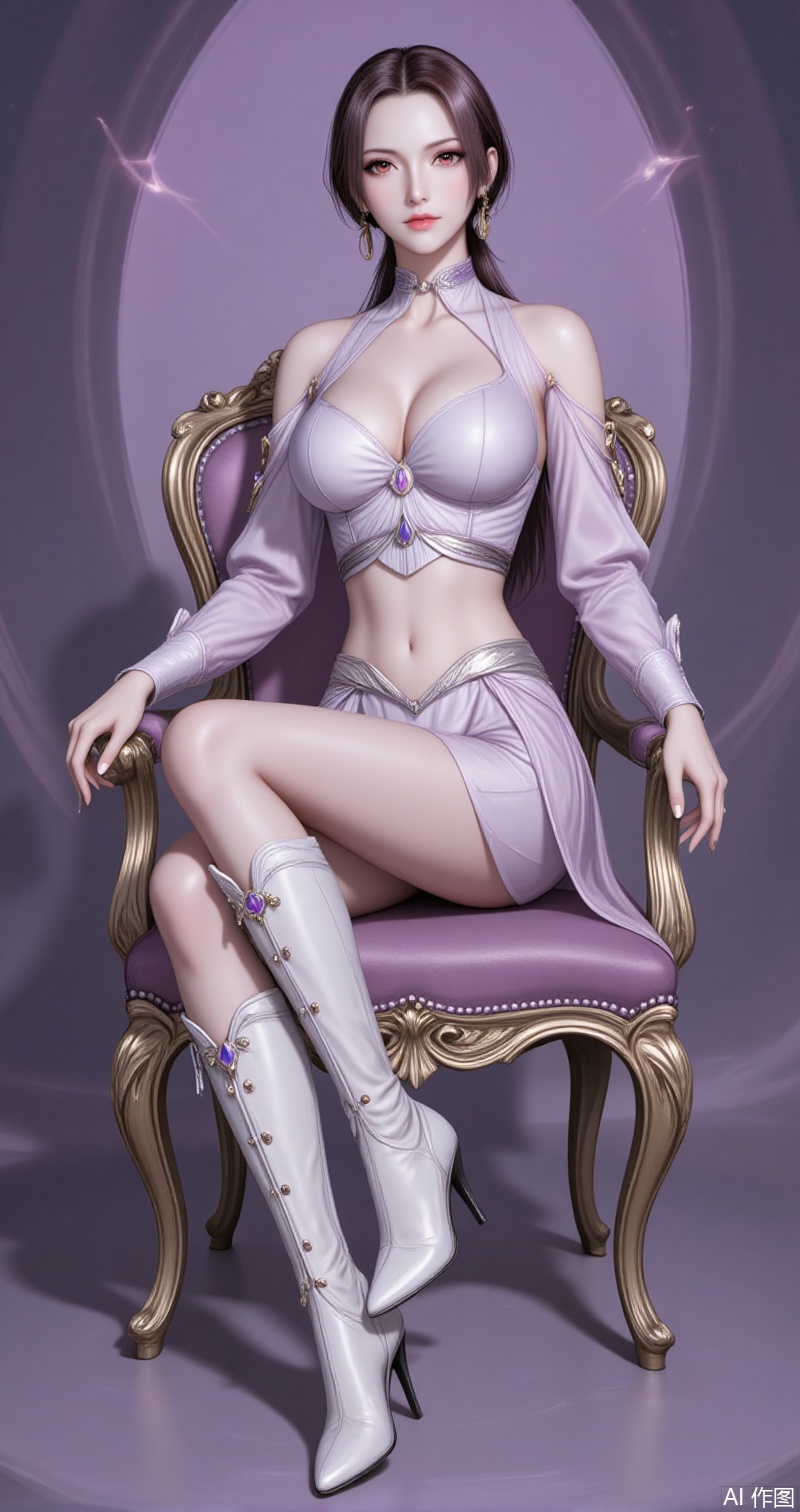 lvjing,baoshi,bibidong,1girl, brown hair,solo, portrait, pony-tail,low ponytail,looking at viewer, gem, blurry, short hair, lips, parted lips,chen,1girl,solo,boots,midriff,high heels,navel,high heel boots,long sleeves,crop top,breasts,skirt,pantyhose,white footwear,sitting,chair,knee boots,detached sleeves,6,cover,gradient background,close-up details,outstanding style,adding a touch of dimension to your images without compromising details,close-up,
