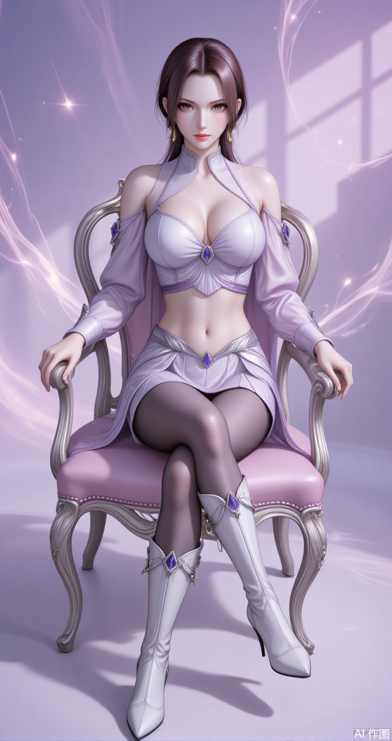 lvjing,baoshi,bibidong,1girl, brown hair,solo, portrait, pony-tail,low ponytail,looking at viewer, gem, blurry, short hair, lips, parted lips,chen,1girl,solo,boots,midriff,high heels,navel,high heel boots,long sleeves,crop top,breasts,skirt,pantyhose,white footwear,sitting,chair,knee boots,detached sleeves,6,cover,gradient background,close-up details,outstanding style,adding a touch of dimension to your images without compromising details,close-up,