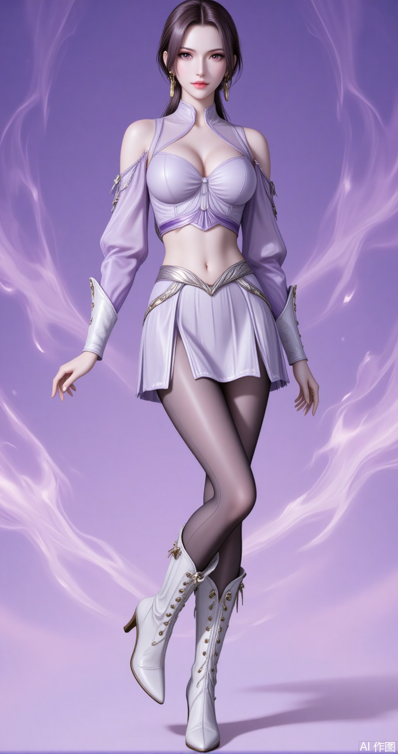 lvjing,baoshi,bibidong,1girl, brown hair,solo, portrait, pony-tail,low ponytail,looking at viewer, gem, blurry, short hair, lips, parted lips,chen,1girl,solo,boots,midriff,high heels,navel,high heel boots,long sleeves,crop top,breasts,skirt,pantyhose,white footwear,knee boots,detached sleeves,full body,purple background,standing,standing on one leg,6,cover,gradient background,close-up details,outstanding style,adding a touch of dimension to your images without compromising details,close-up,
