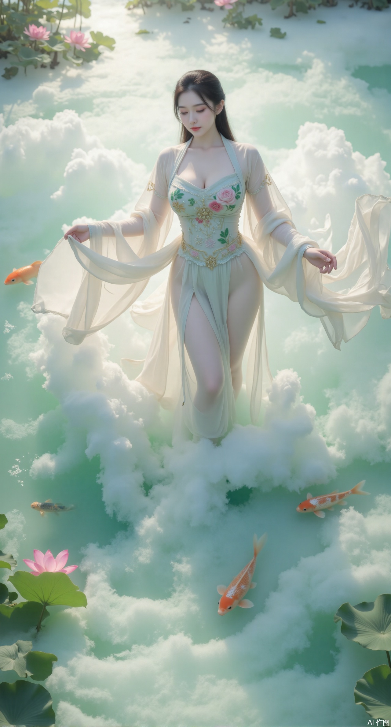 (masterpiece, best quality:1.2),A celestial maiden in Hanfu stands on a cloud, ethereal silk robes fluttering in the wind, swirling sea of clouds beneath her feet, background reveals the emerald lotus pond of Penglai Wonderland with blooming pink-white lotuses, golden koi fish swimming in translucent water, soft morning light piercing through mist, ultra HD rendering showcases intricate embroidery on Hanfu, 8K detail captures dewdrops on lotus petals, dynamic lighting effects emphasize swirling mist movement, panoramic composition creates ethereal celestial atmosphere,(huge breasts:2.99),(full breasts:2.99),Xmupeiling,XsongyuYK,XqiyueFHK,XheguangzhefandiYK,XxiaobaiNZYK,XlimuwanJCBYK,XmeijiK,XzhouruK,XyinzipingCOS
