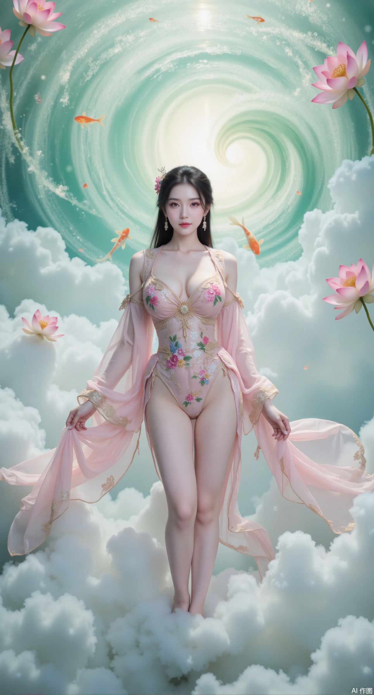 (masterpiece, best quality:1.2),A celestial maiden in Hanfu stands on a cloud, ethereal silk robes fluttering in the wind, swirling sea of clouds beneath her feet, background reveals the emerald lotus pond of Penglai Wonderland with blooming pink-white lotuses, golden koi fish swimming in translucent water, soft morning light piercing through mist, ultra HD rendering showcases intricate embroidery on Hanfu, 8K detail captures dewdrops on lotus petals, dynamic lighting effects emphasize swirling mist movement, panoramic composition creates ethereal celestial atmosphere,(huge breasts:2.99),(full breasts:2.99),Xmupeiling,XsongyuYK,XqiyueFHK,XheguangzhefandiYK,XxiaobaiNZYK,XlimuwanJCBYK,XmeijiK,XzhouruK,XyinzipingCOS