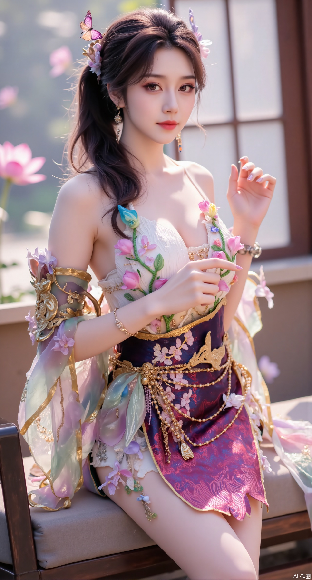 (masterpiece, best quality:1.2), highres, extremely detailed, 1girl,(hanfu dress:1.26),looking at viewer,indoors, (big breasts:2.69),Depth of field,garden of the sun,shiny,flowers, garden, 1girl, (Lotus:1.39), (butterflies, ultra detailed, glary,Light, light particles,glitter,reflect:1.29),Xmupeiling,XsongyuYK,XqiyueFHK,XheguangzhefandiYK,XxiaobaiNZYK,XlimuwanJCBYK,XmeijiK,XzhouruK,XHhanfududou,XzhouruK2,XmeijiK2,XlinziyueK2,Xjinniang2,Xdunhuangfeitian,Xbaiyuekuishouban2,XyinzipingCOS2