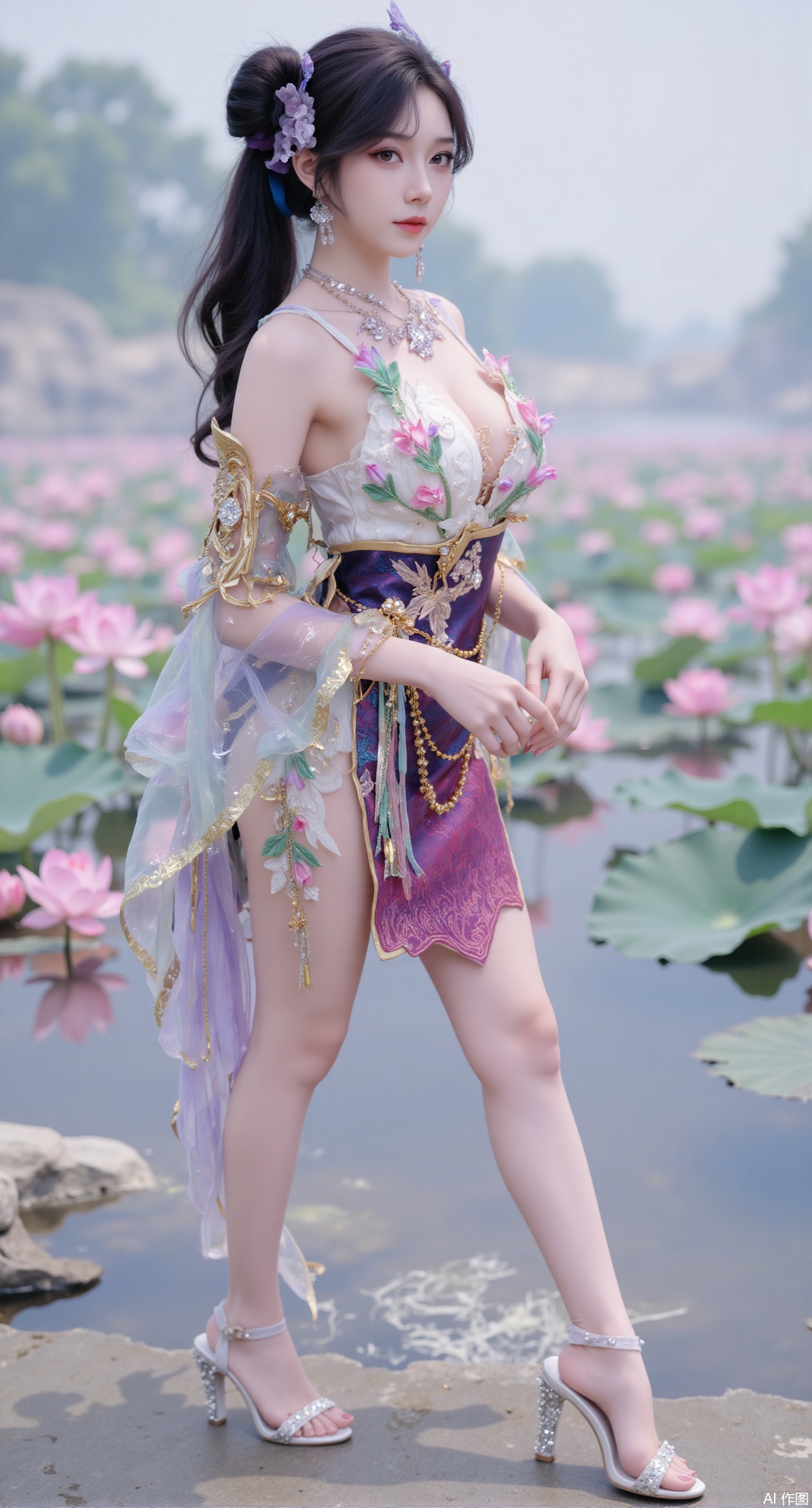 (masterpiece:1.2),best quality, (UE5.5,rendered with Unreal Engine 5,Unreal Engine 5,CG rendering), (masterpiece:1.2),,1girl,solo,standing,looking at viewer,(cowboy_shot:1.3),black hair,long hair,high heels,blurry background,depth of field,motion blur,short dress,china_dress,chinese_style,bare shouders,crystal_earrings,headpiece,hair_tie,chest_jewel,gem,necklace,jewelry,in summer,day,outdoors,nature,sea,(beach:1.4),(huge breasts:2.99),(full breasts:2.99),(lotus pond and pink lotus flowers:1.59),,(very long legs,Diamond-studded high heels:1.5),Xmupeiling,XsongyuYK,XqiyueFHK,XheguangzhefandiYK,XxiaobaiNZYK,XlimuwanJCBYK,XmeijiK,XzhouruK,XHhanfududou,XzhouruK2,XmeijiK2,XlinziyueK2,Xjinniang2,Xdunhuangfeitian,Xbaiyuekuishouban2,XyinzipingCOS2