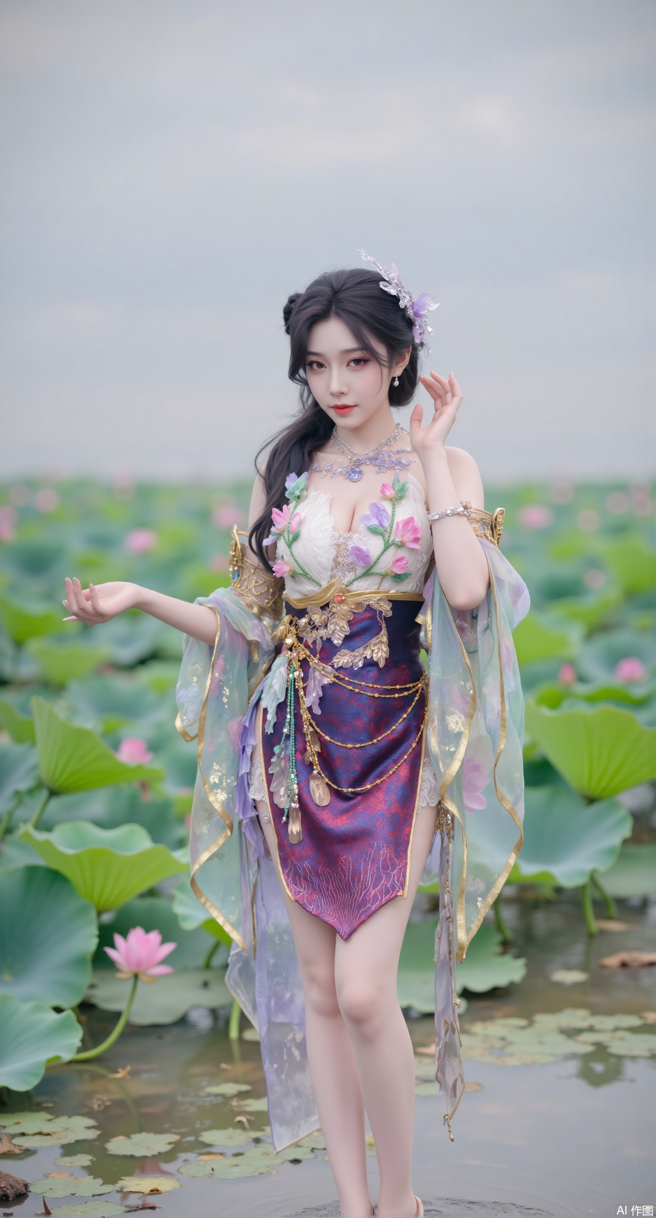 (masterpiece:1.2),best quality, (UE5.5,rendered with Unreal Engine 5,Unreal Engine 5,CG rendering), (masterpiece:1.2),,1girl,solo,standing,looking at viewer,(cowboy_shot:1.3),black hair,long hair,high heels,blurry background,depth of field,motion blur,short dress,china_dress,chinese_style,bare shouders,crystal_earrings,headpiece,hair_tie,chest_jewel,gem,necklace,jewelry,in summer,day,outdoors,nature,sea,(beach:1.4),(huge breasts:2.99),(full breasts:2.99),(lotus pond and pink lotus flowers:1.59),,(very long legs,Diamond-studded high heels:1.5),Xmupeiling,XsongyuYK,XqiyueFHK,XheguangzhefandiYK,XxiaobaiNZYK,XlimuwanJCBYK,XmeijiK,XzhouruK,XHhanfududou,XzhouruK2,XmeijiK2,XlinziyueK2,Xjinniang2,Xdunhuangfeitian,Xbaiyuekuishouban2,XyinzipingCOS2