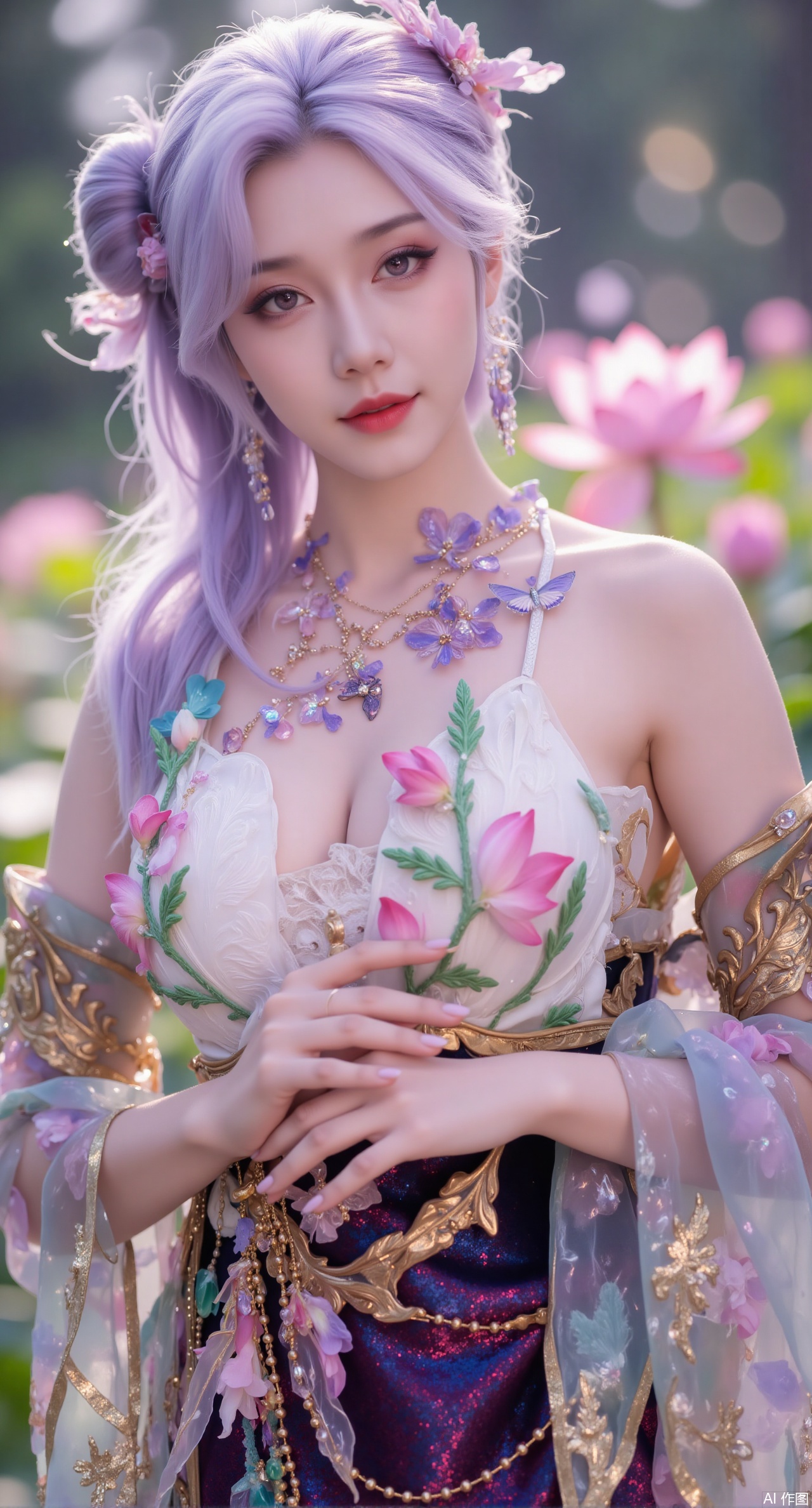 (masterpiece, best quality:1.2), highres, extremely detailed, 1girl,(hanfu dress:1.26),looking at viewer,indoors, (big breasts:2.69),Depth of field,garden of the sun,shiny,flowers, garden, 1girl, (Lotus:1.39), (butterflies, ultra detailed, glary,Light, light particles,glitter,reflect:1.29),Xmupeiling,XsongyuYK,XqiyueFHK,XheguangzhefandiYK,XxiaobaiNZYK,XlimuwanJCBYK,XmeijiK,XzhouruK,XHhanfududou,XzhouruK2,XmeijiK2,XlinziyueK2,Xjinniang2,Xdunhuangfeitian,Xbaiyuekuishouban2,XyinzipingCOS2