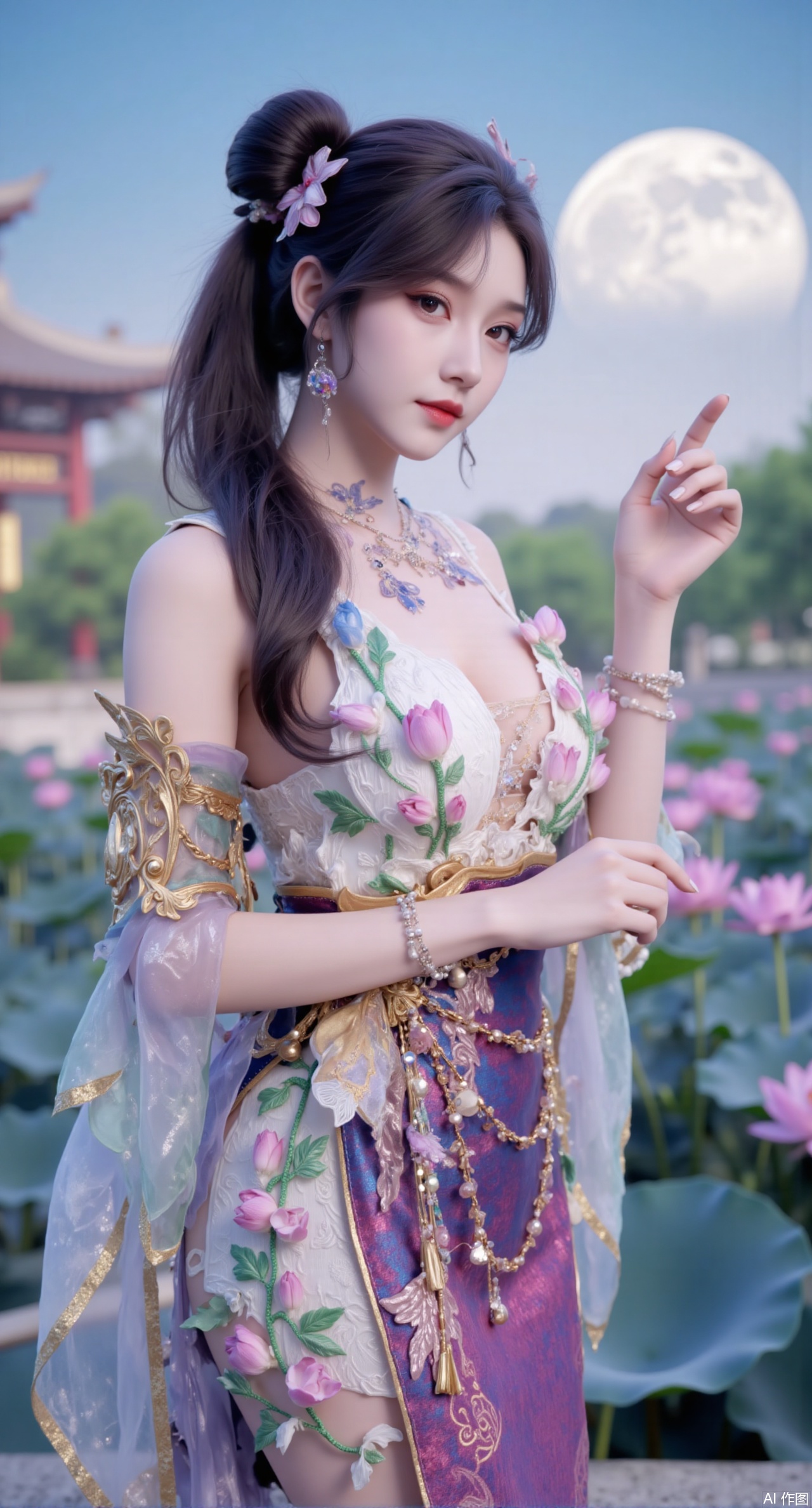(masterpiece:1.2),best quality, (UE5.5,rendered with Unreal Engine 5,Unreal Engine 5,CG rendering),1girl, navel, solo, midriff, bare shoulders, hair ornament,(long hair),(High double ponytail:1.49), red lips, BREAK, (looking at viewer:1.39), chinese clothes,(long dress:1.36), (lace:1.28), BREAK,blurry, solo focus, long hair, lips, daytime, lipstick, outdoors, standing,upper body,(huge breasts:2.99), (full breasts:2.99),background, solo, makeup,Xyunxiao,(Lotus,Water Lily,Blue sky,full moon:1.39),(Lotus pond,ancient Chinese architecture:1.39),Xmupeiling,XsongyuYK,XqiyueFHK,XheguangzhefandiYK,XxiaobaiNZYK,XlimuwanJCBYK,XmeijiK,XzhouruK,XHhanfududou,XzhouruK2,XmeijiK2,XlinziyueK2,Xjinniang2,Xdunhuangfeitian,Xbaiyuekuishouban2,XyinzipingCOS2