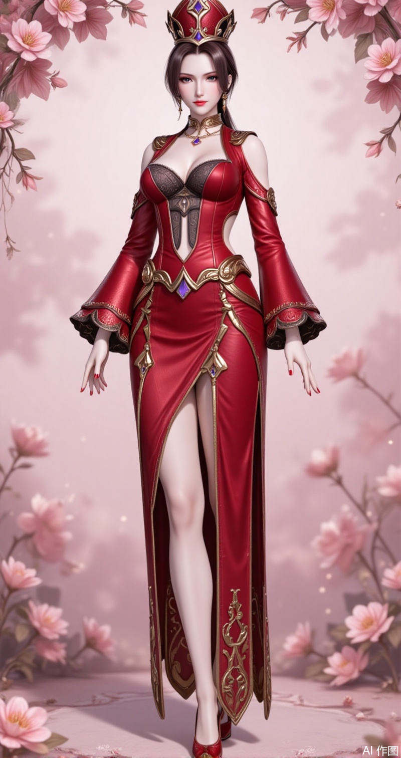 lvjing,baoshi,bibidong,1girl, brown hair,solo, portrait, pony-tail,low ponytail,looking at viewer, gem, crown,hat,blurry, short hair, lips, parted lips,,meidushayifu,1girl,solo,breasts,dress,high heels,jewelry,red dress,necklace,full body,red nails,standing,flower,flower background,cleavage,detached_sleeves,clothing cutout,gradient background,red footwear,3,cover,gradient background,close-up details,outstanding style,adding a touch of dimension to your images without compromising details,close-up,